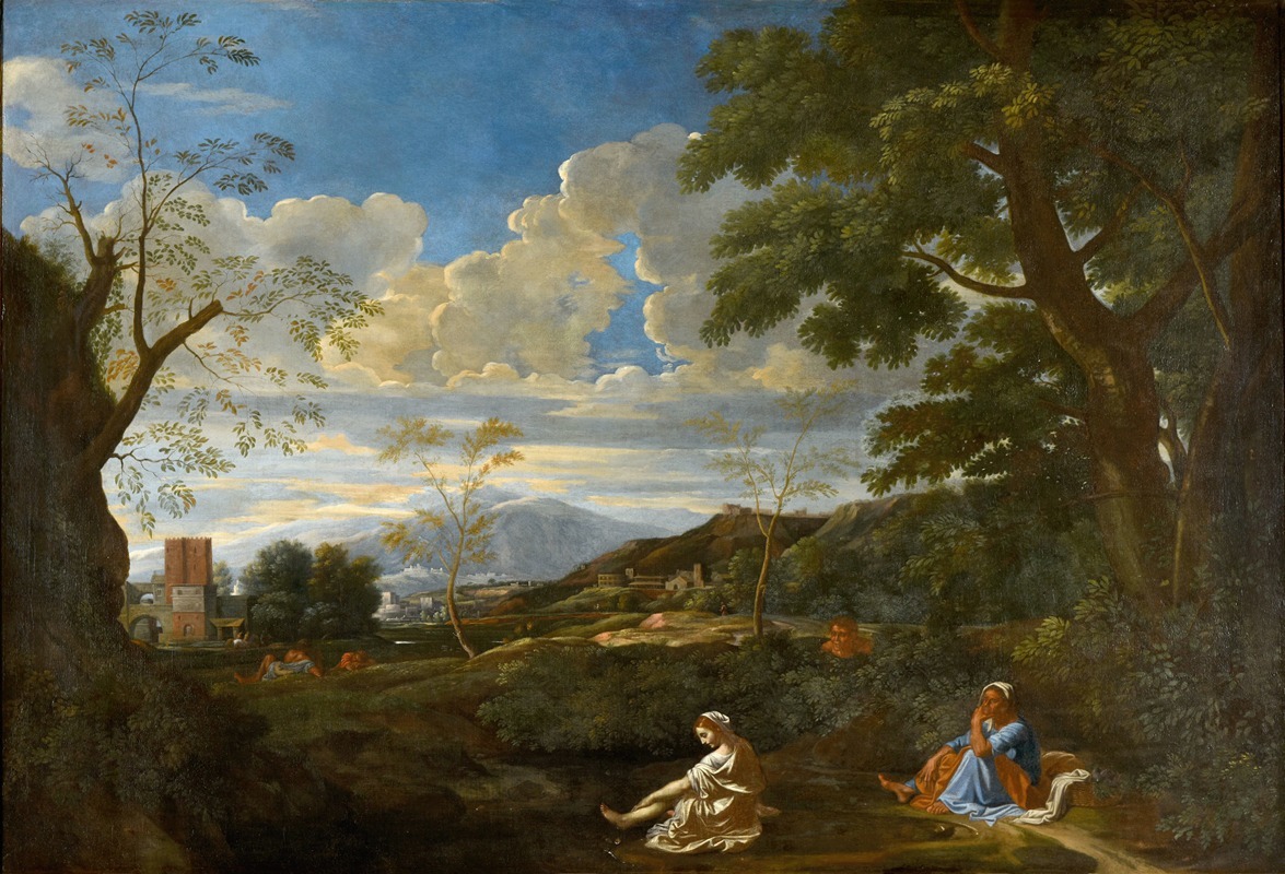A serene landscape painting by Nicolas Poussin featuring a woman washing her feet.