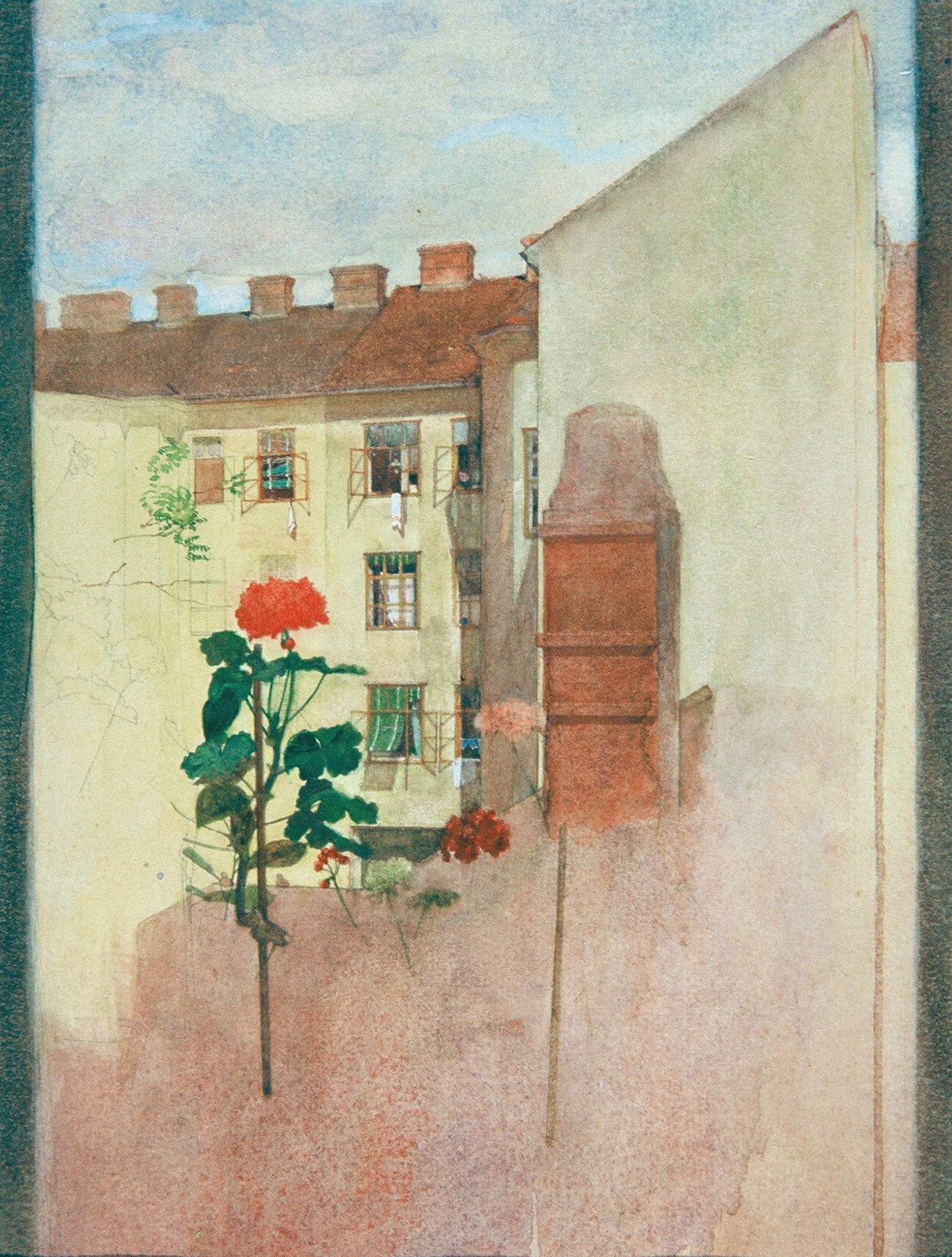 Landscape oil painting by Josef Wawra depicting a window view with sunlight and greenery.