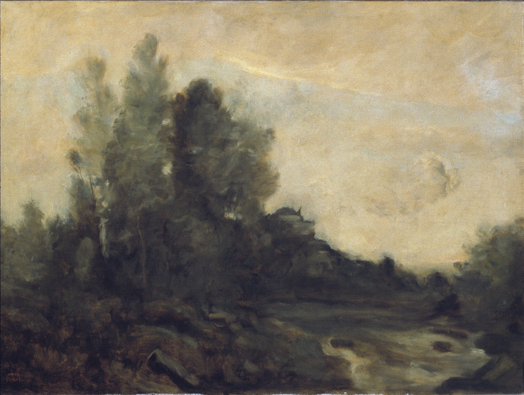 Landscape with rolling hills and dappled light, oil on canvas by Jean-Baptiste-Camille Corot
