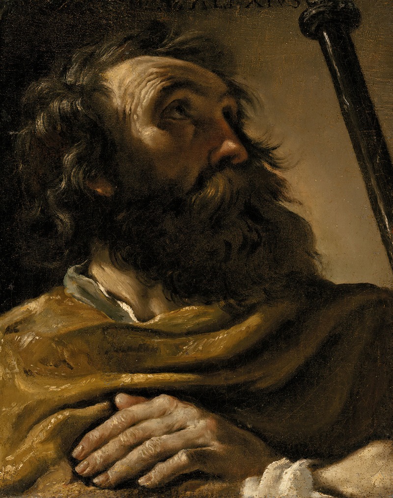 Saint Alexius depicted in a brown wrap, holding a staff.