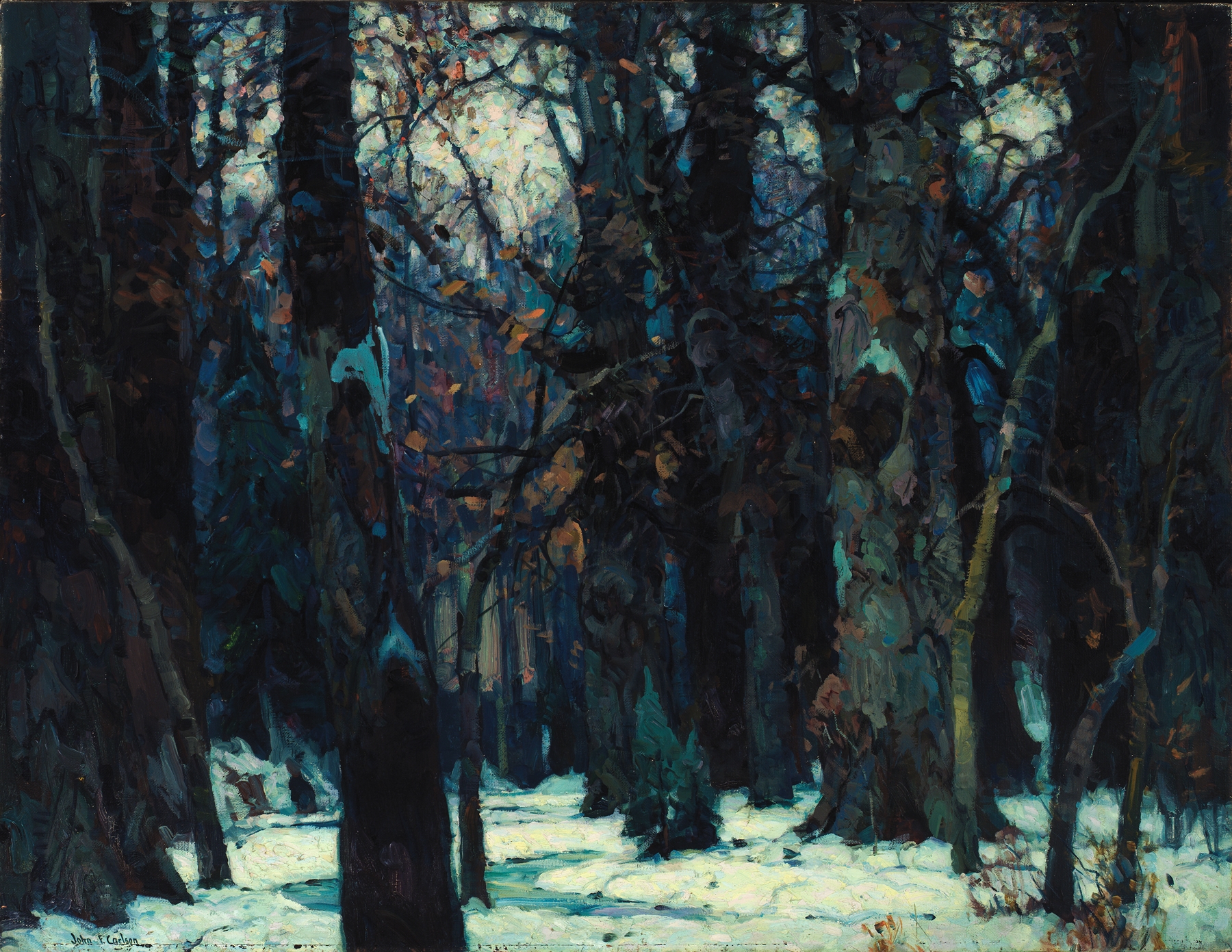 Oil painting by John Fabian Carlson depicting a tranquil landscape with deep greens and muted browns