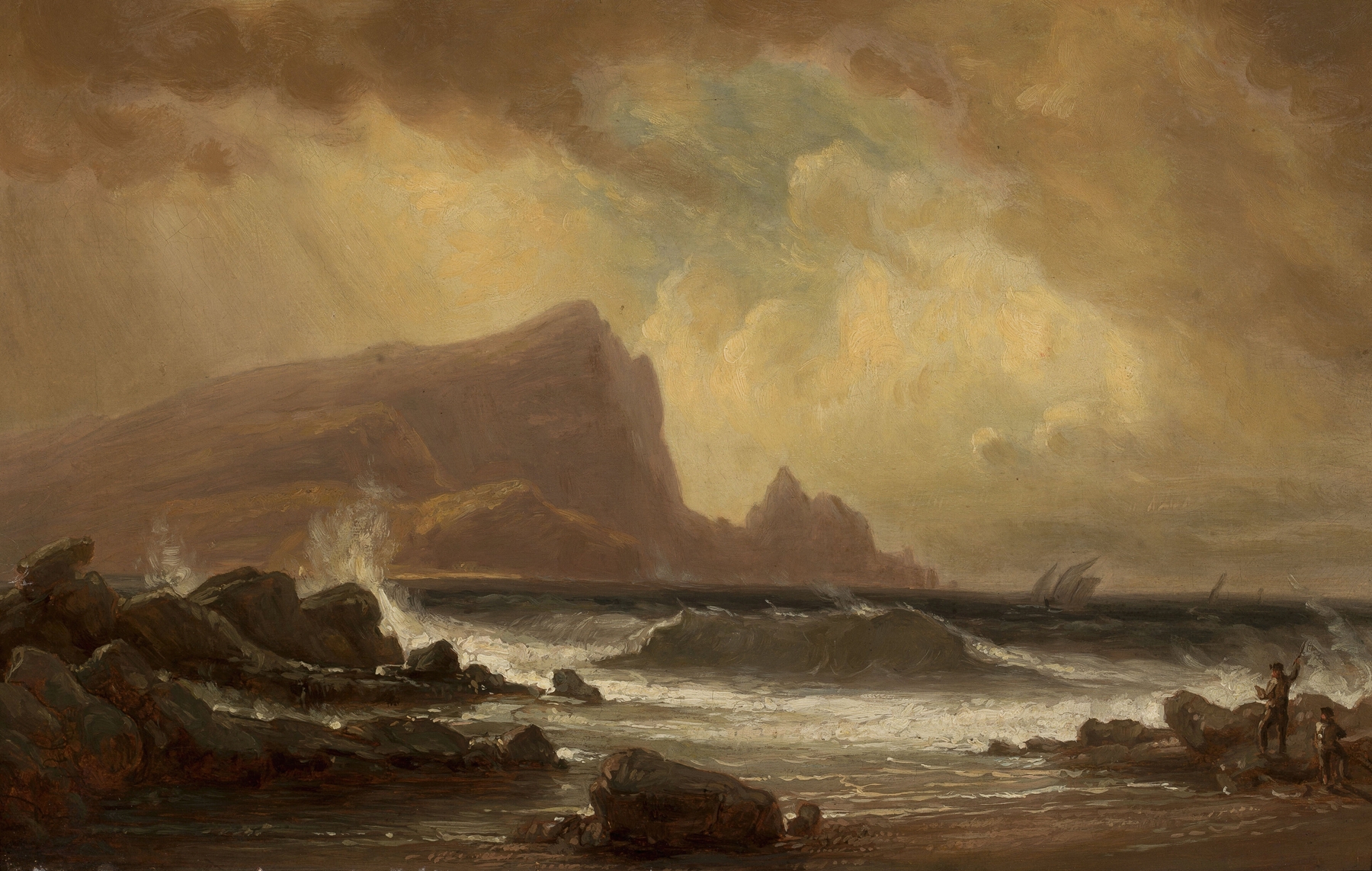 Coast of Portugal by Robert Kummer, oil on canvas depicting a tranquil coastline and azure waves.