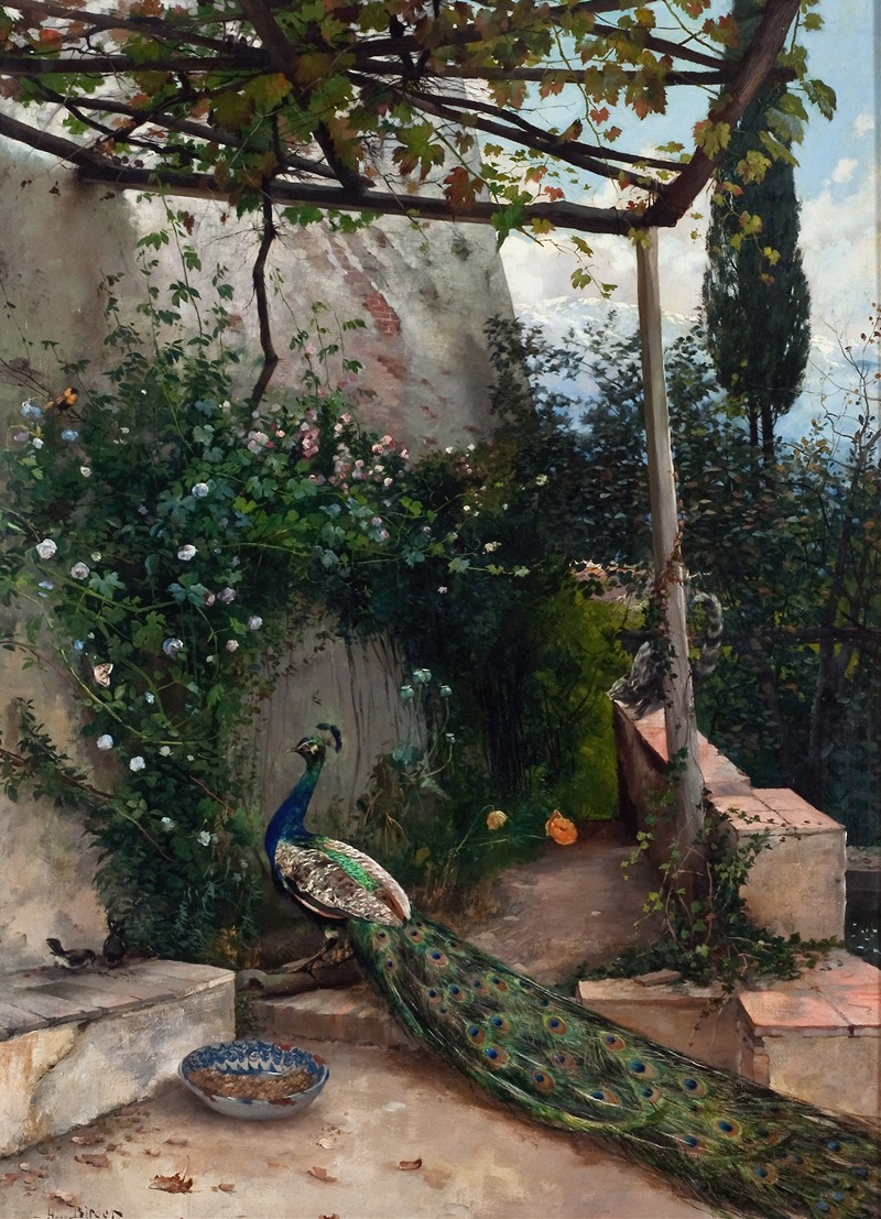 A vibrant depiction of a peacock on a terrace overlooking the Alhambra.