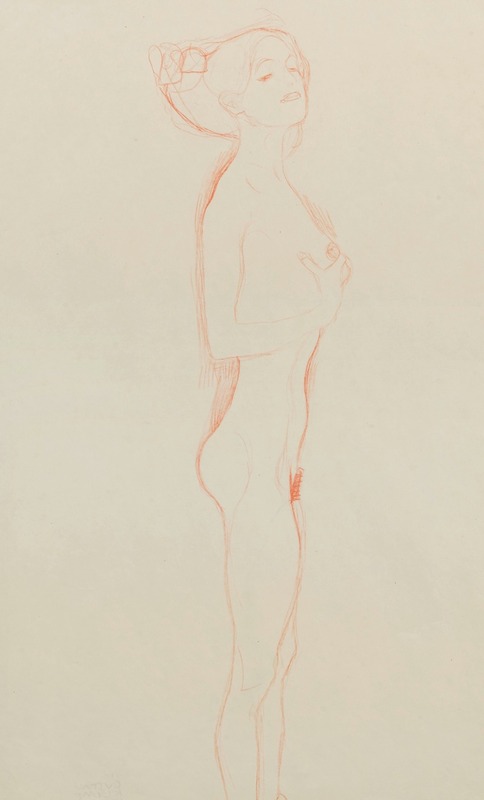 Gustav Klimt's 'Naked Girl Standing, with Right Hand to Breast' features a young woman in a natural pose.
