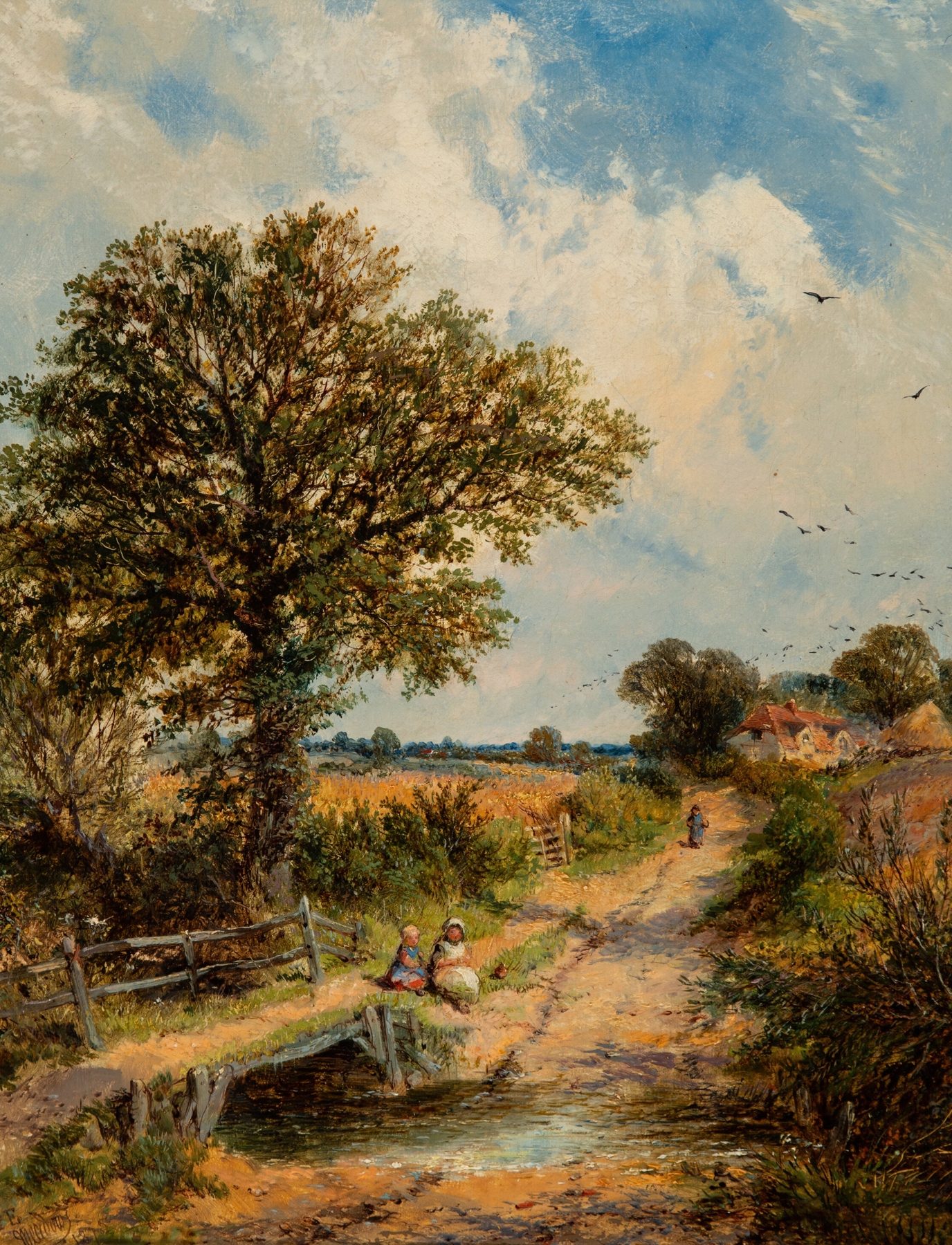 A Sussex Lane by James Edwin Meadows, Victorian landscape depicting a sunlit lane through green hills.