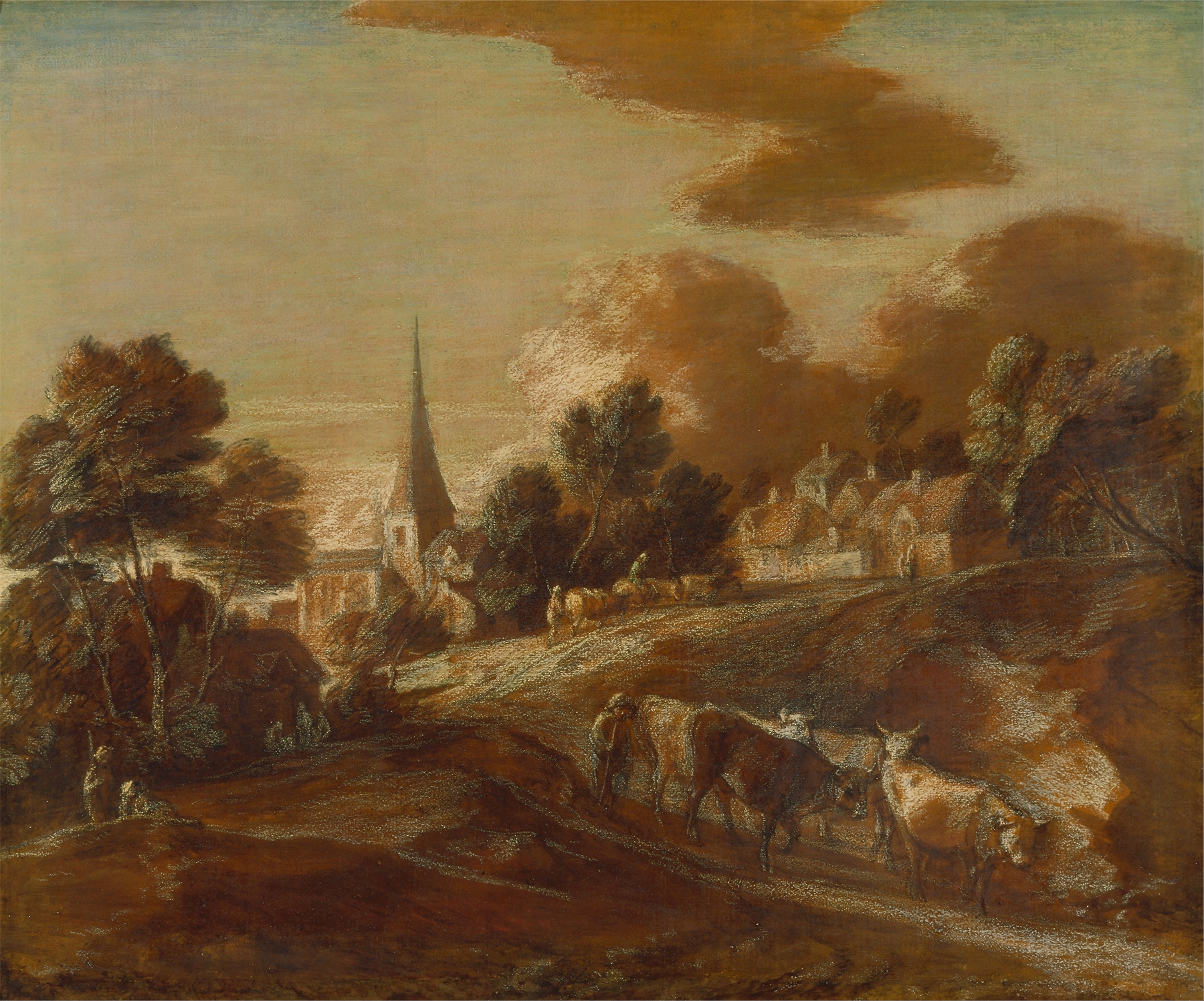 An Imaginary Wooded Village with Drovers and Cattle, by Thomas Gainsborough, public domain