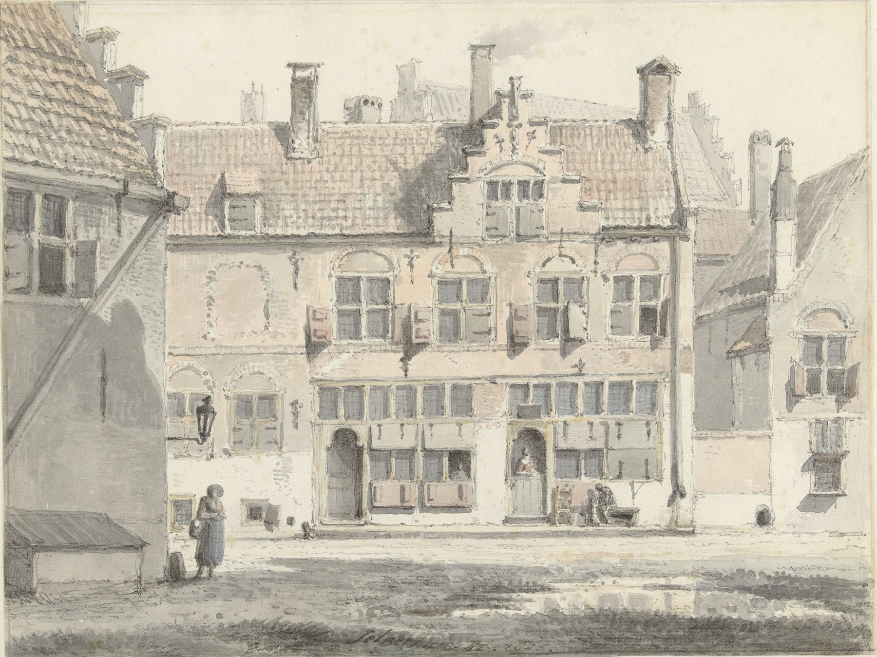 Houses in a village illuminated by golden light, oil painting by Johannes Jelgerhuis