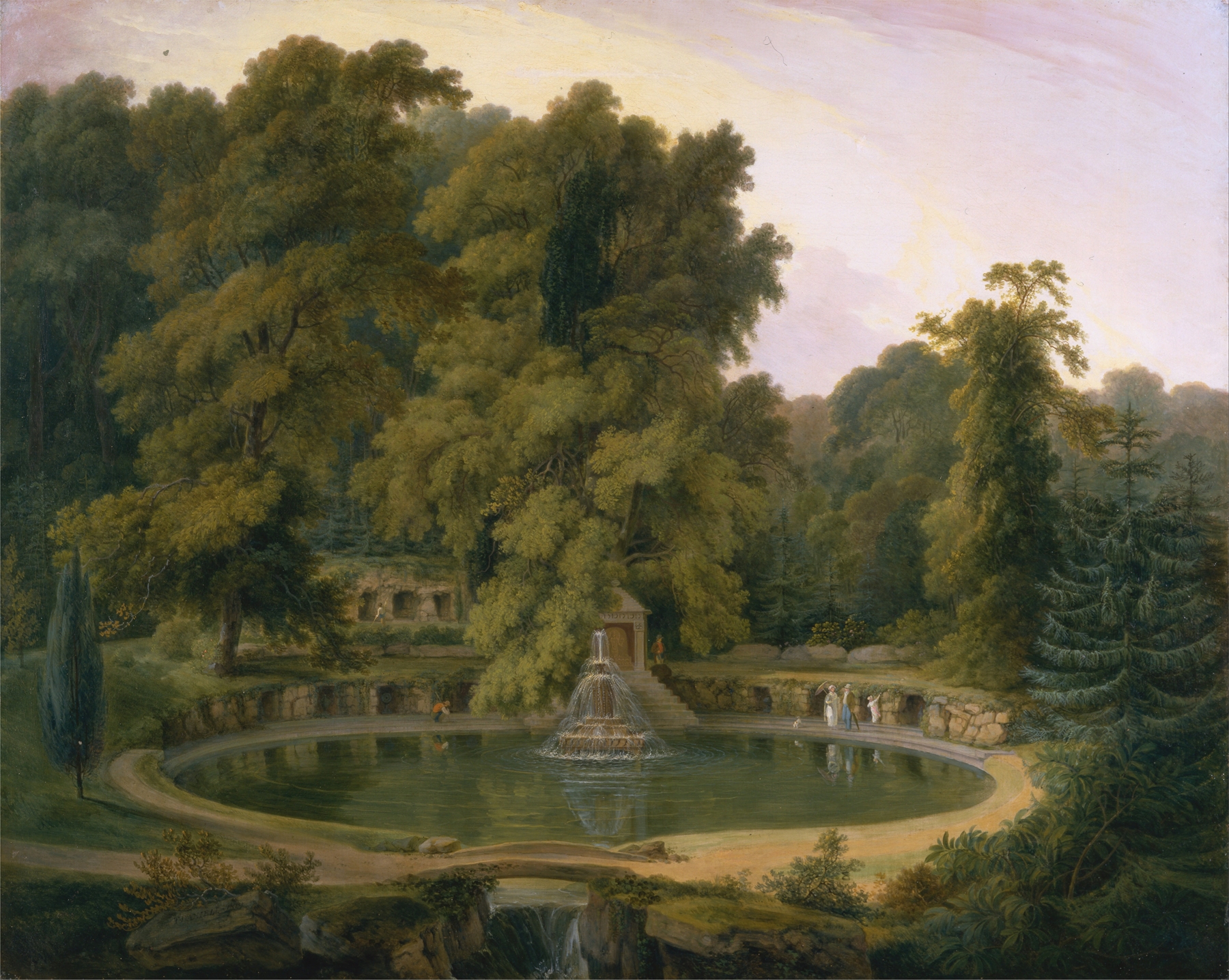 Temple, Fountain and Cave in Sezincote Park, by Thomas Daniell, public domain
