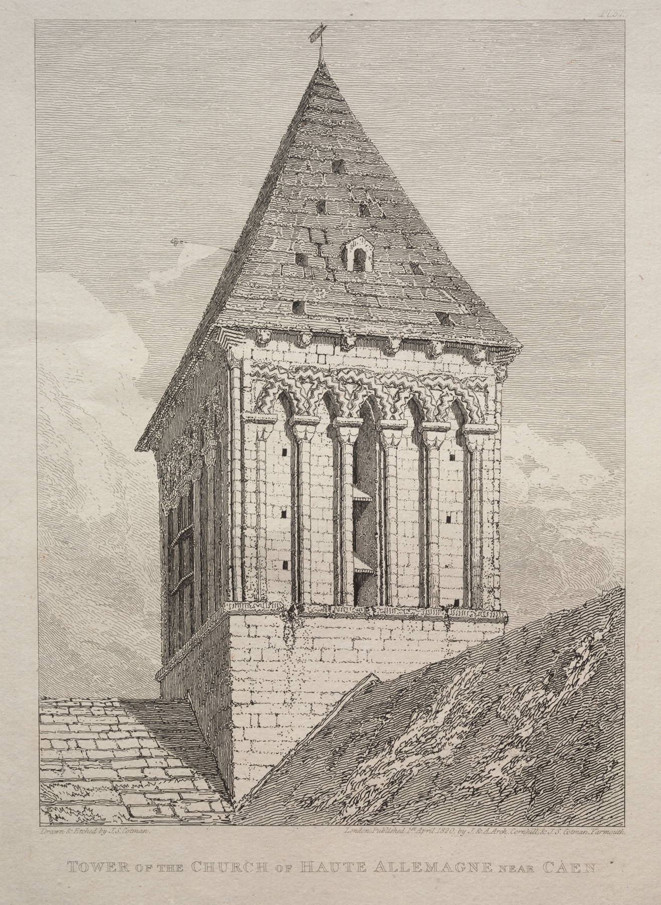 Tower of the Church of Haute Allemagne near Caen by John Sell Cotman, oil painting