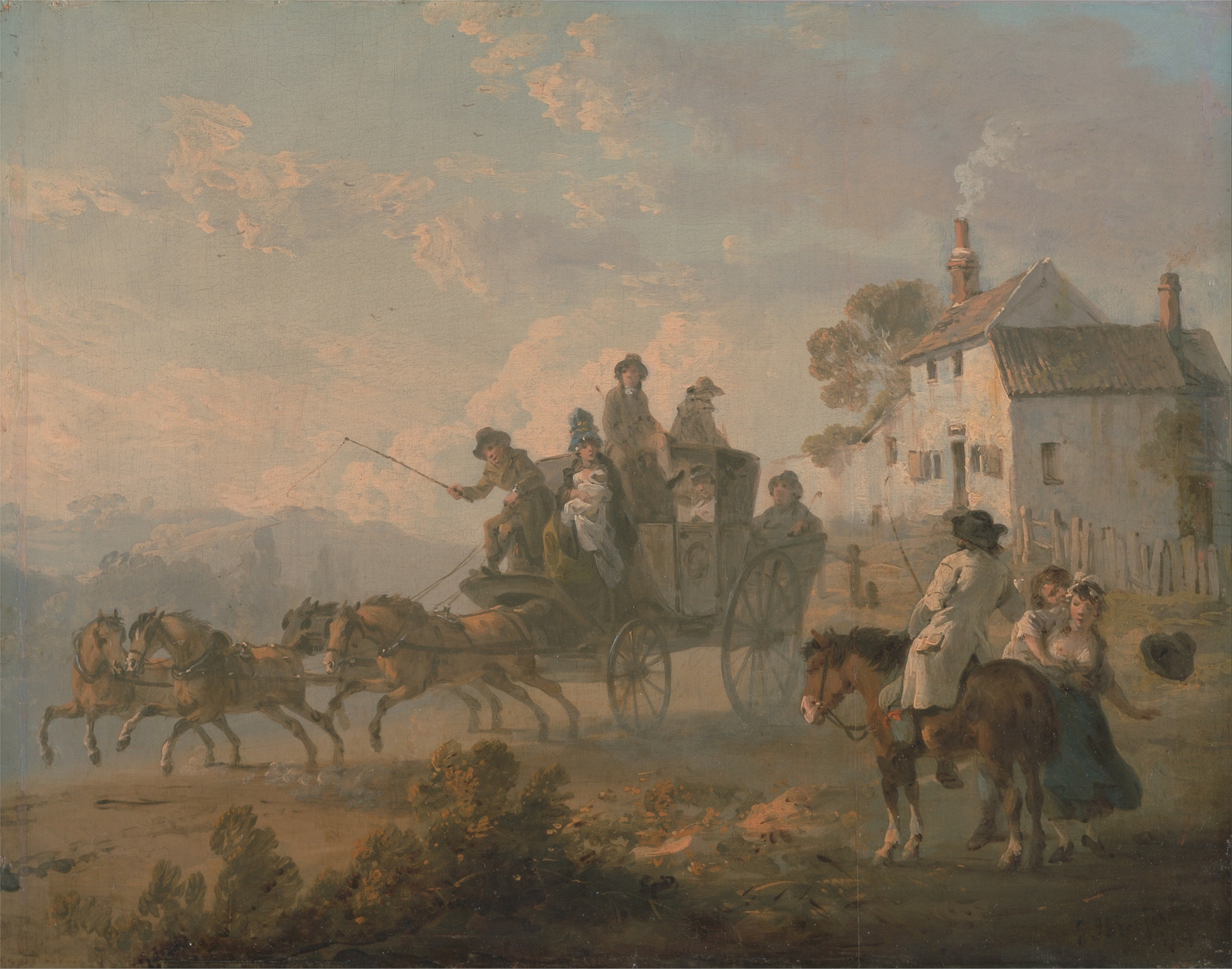 A stagecoach on a country road, oil painting by Julius Caesar Ibbetson