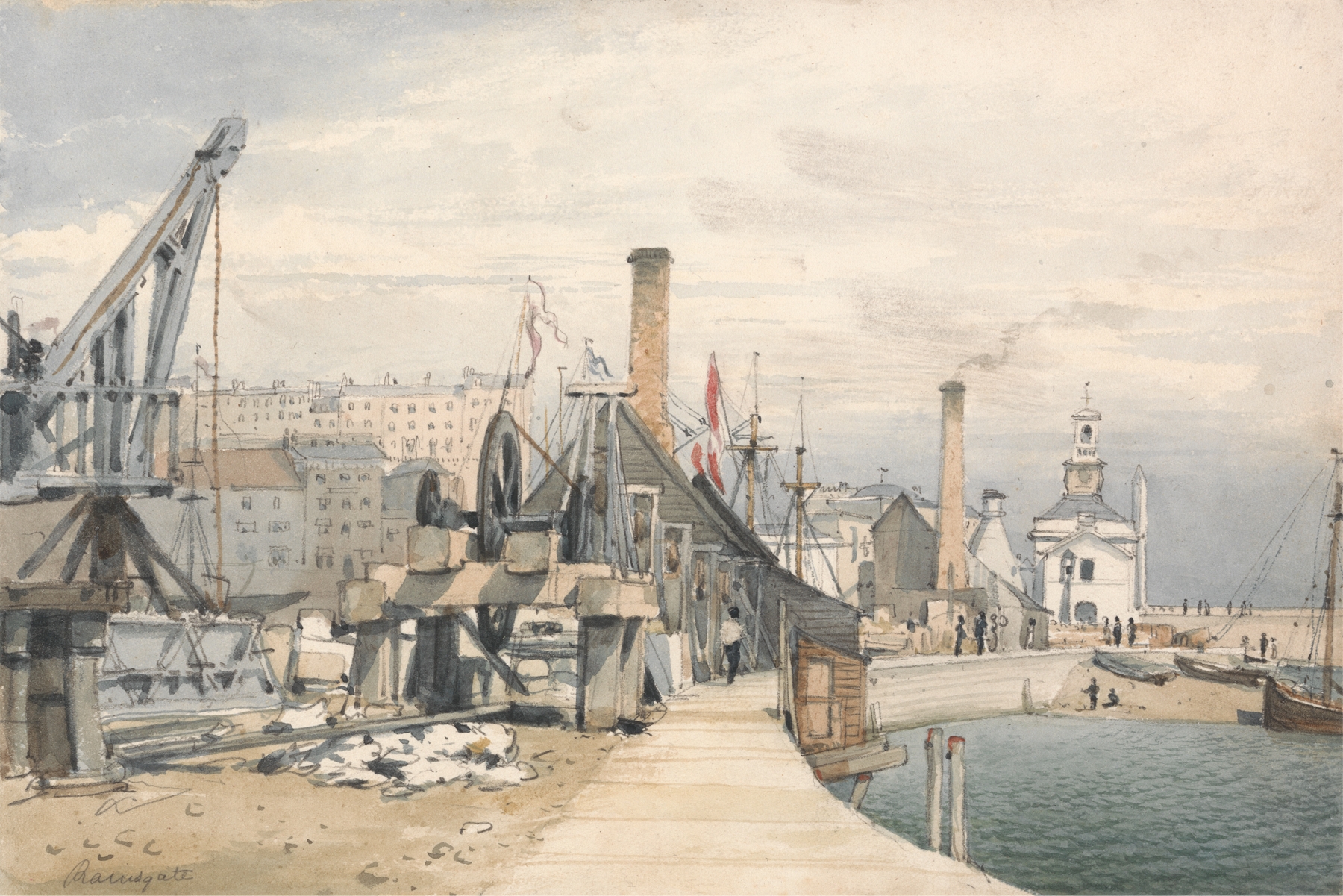 Ramsgate Harbour, Kent by John Monro, oil on canvas depicting boats and water.