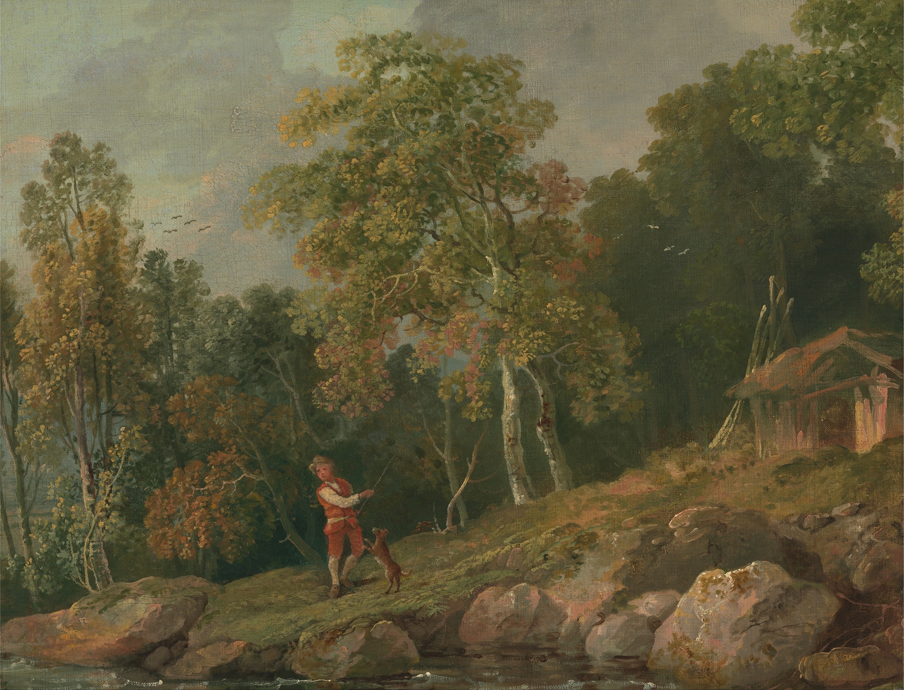 Wooded landscape with a boy and his dog, oil on canvas by George Barret