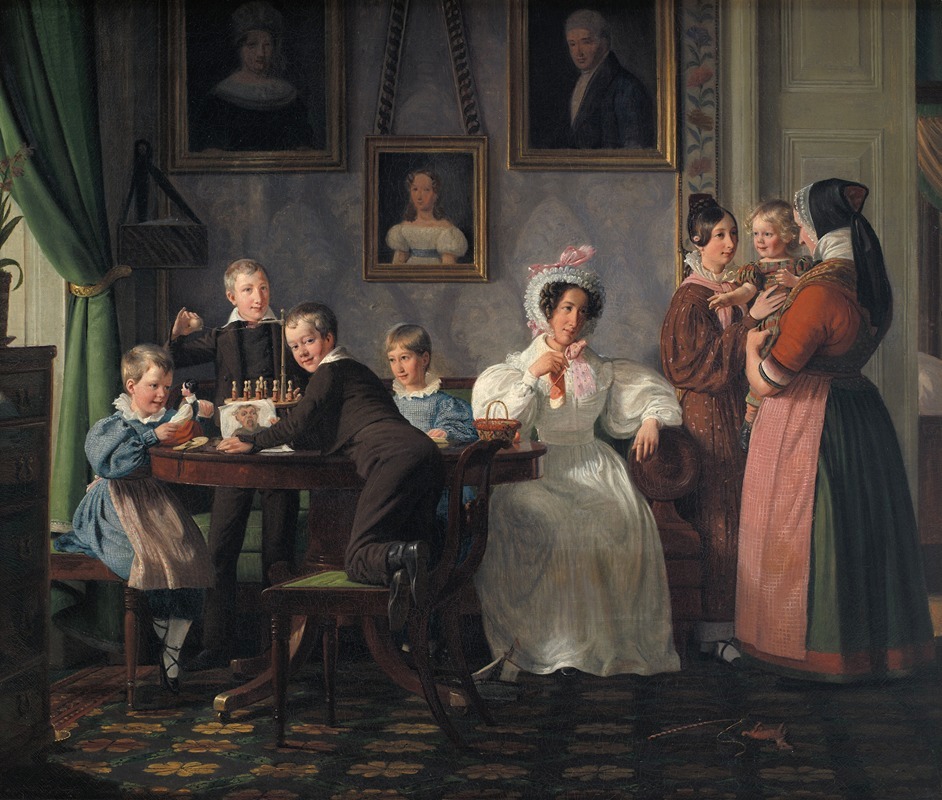 The Waagepetersen Family by Wilhelm Marstrand depicts a family portrait in a naturalistic style.