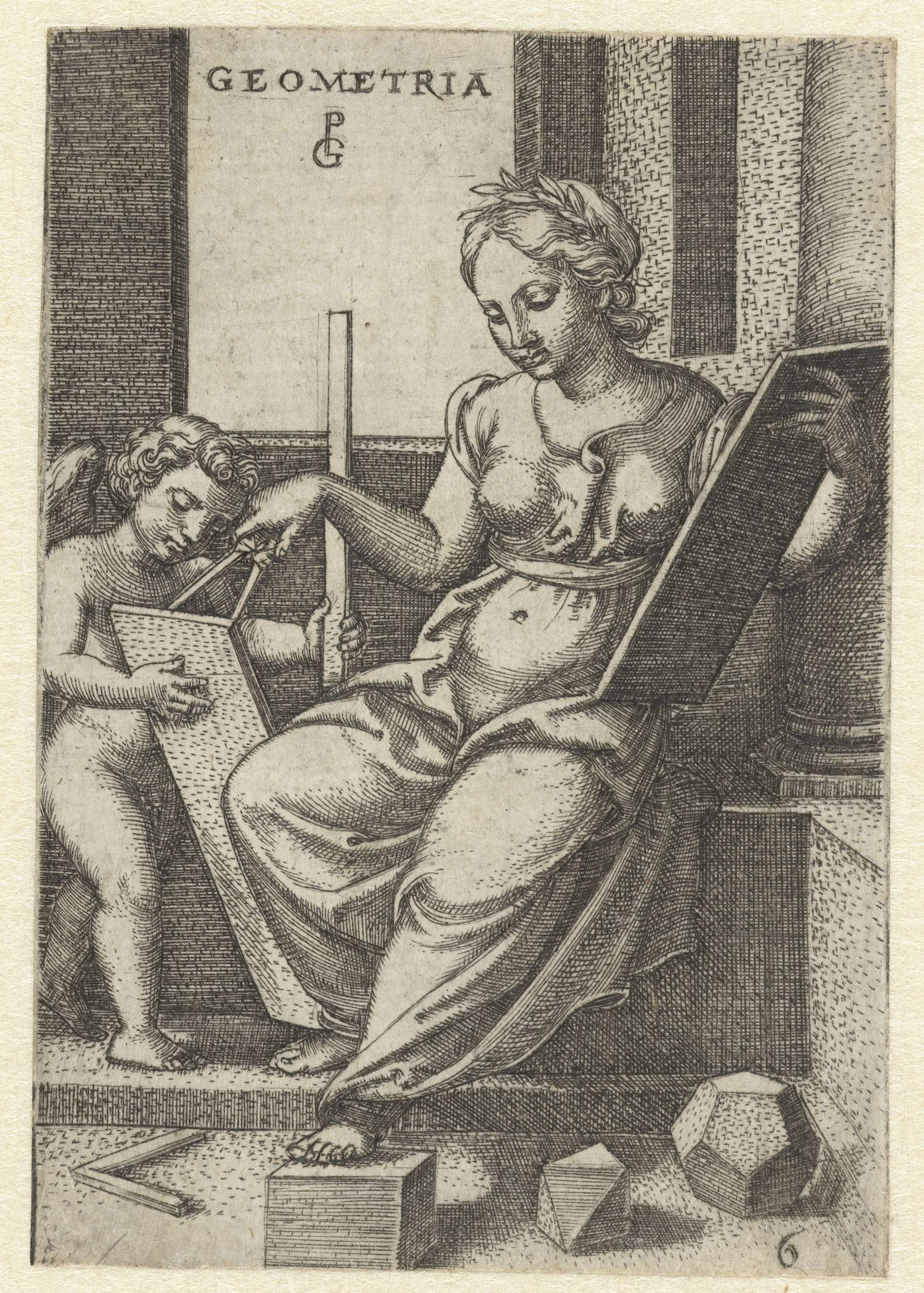 Engraving by Georg Pencz depicting a human figure reaching out amidst intricate geometric lines.