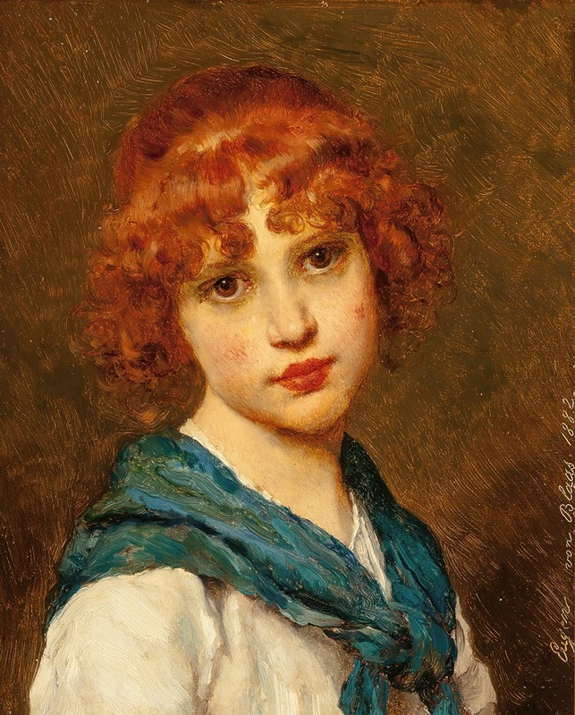 A portrait of a girl wearing a blue scarf by Eugen von Blaas.