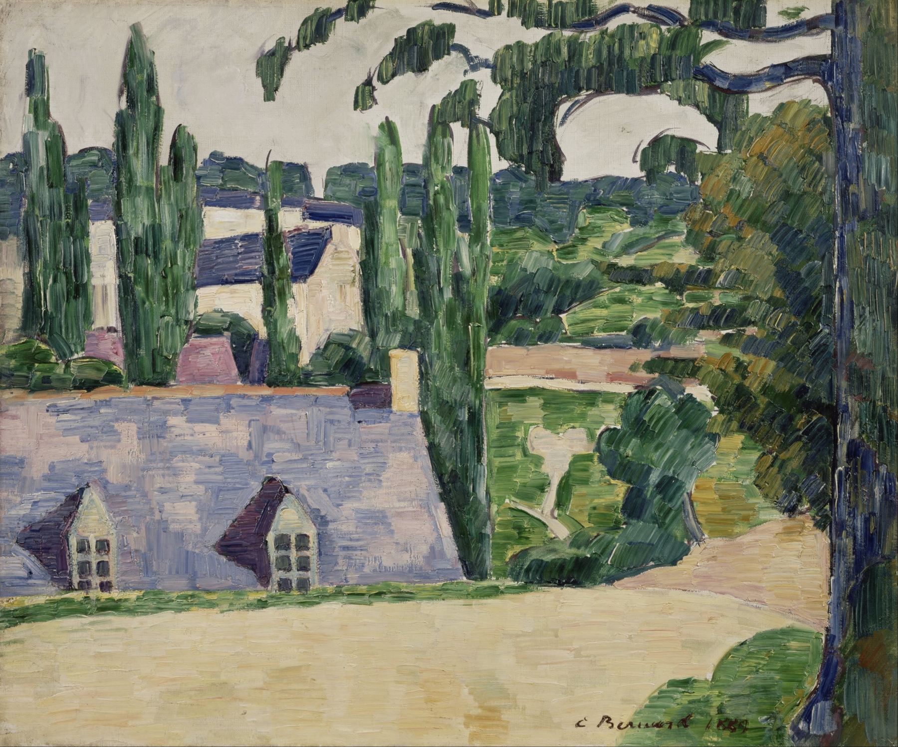 Landscape at Pont-Aven by Emile Bernard, oil painting of rolling hills, fields, and a pastel sky.