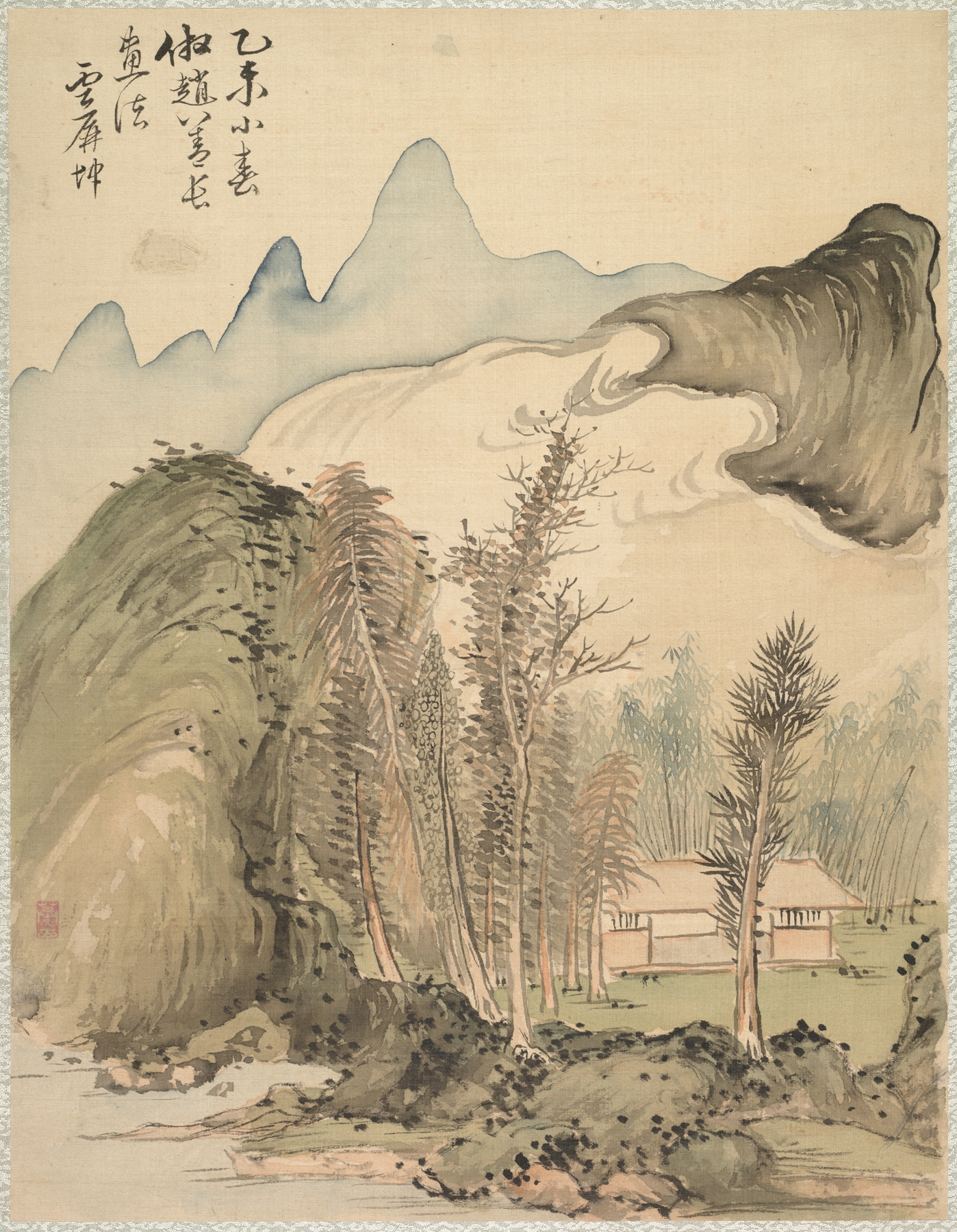 Hut Amidst the Trees, Ukiyo-e by Tsubaki Chinzan, depicting a hut among trees with dappled sunlight.