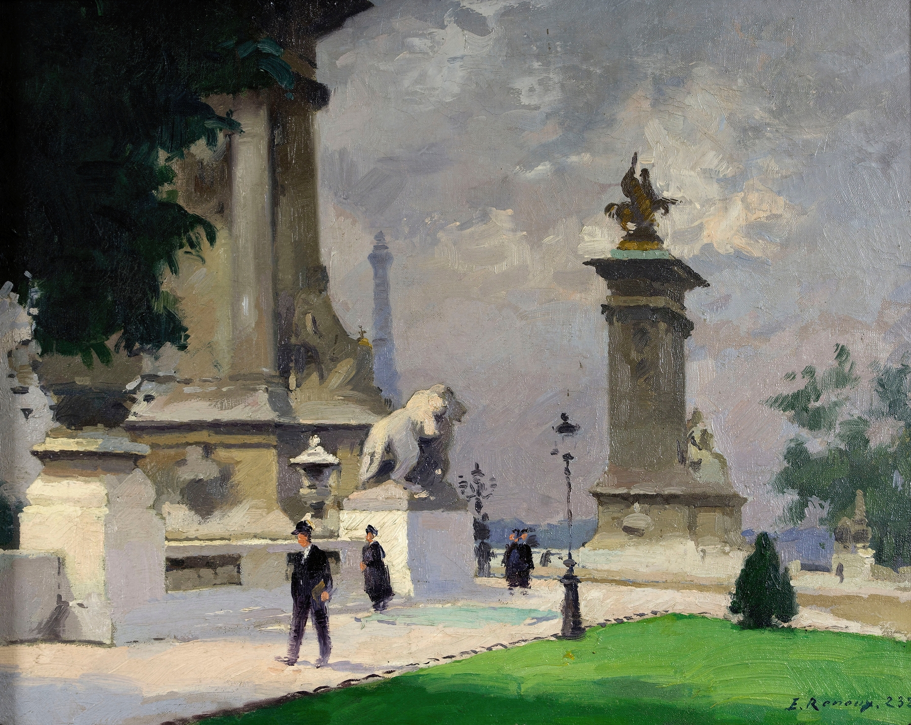 L’Entrée du Pont Alexandre III by Ernest Jules Renoux, oil painting depicting an ornate bridge at twilight.