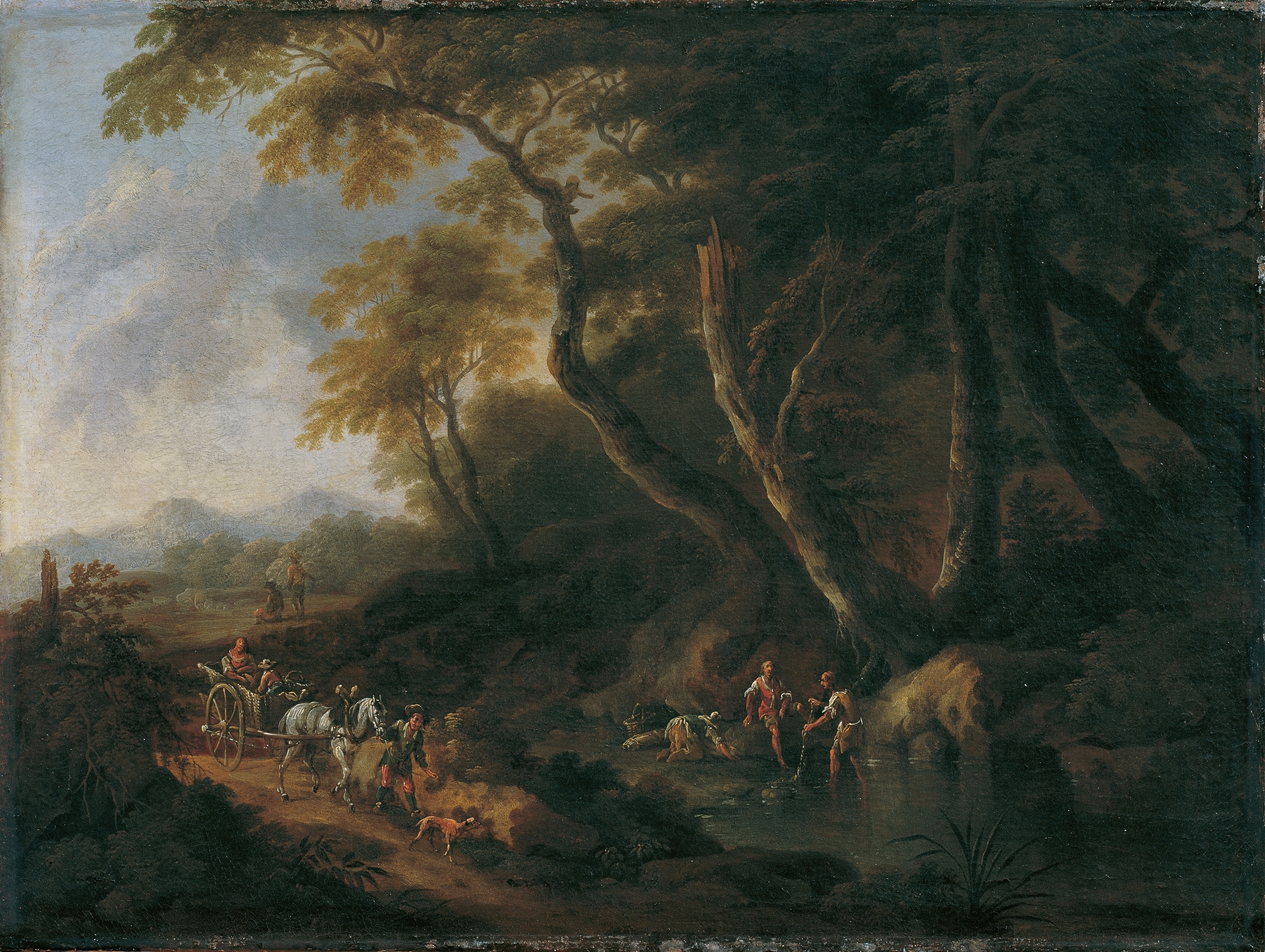 Waldlandschaft mit Gewässer rechts by Maximilian Joseph Schinnagl, oil painting featuring a serene landscape.