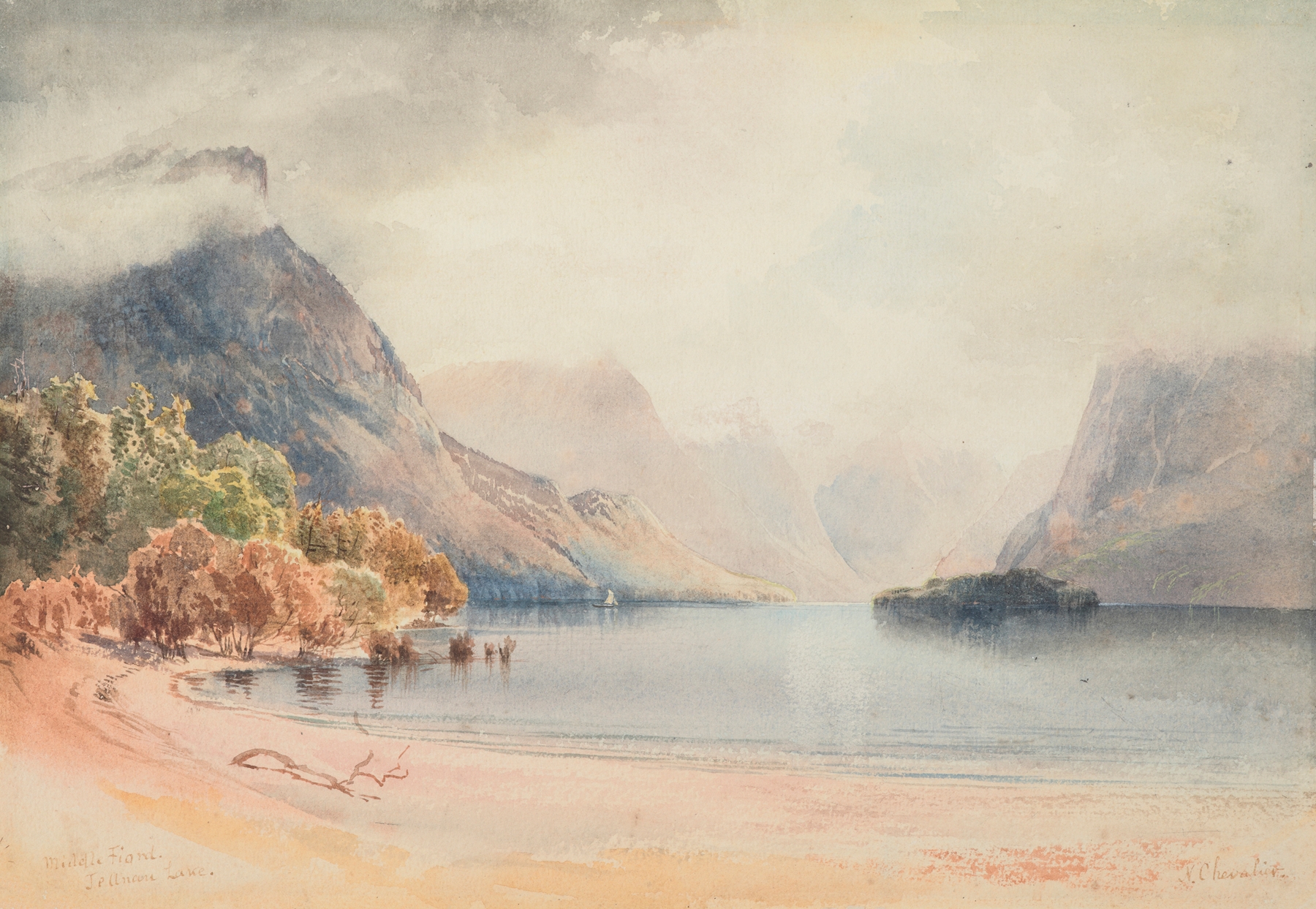 Middle Fiord, Te Anau Lake by Nicholas Chevalier, oil on canvas depicting mountains and tranquil waters.