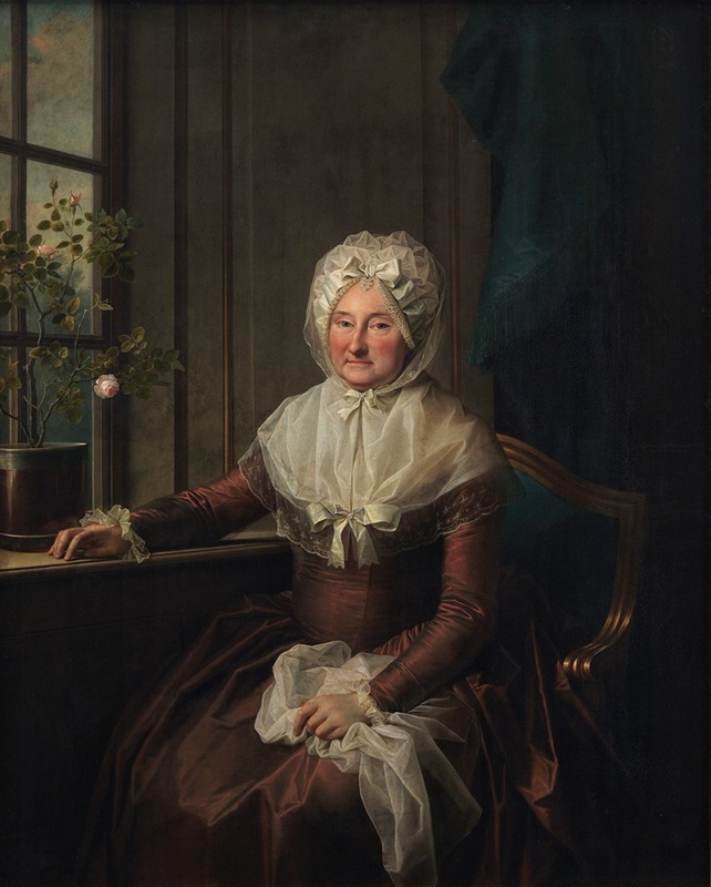 This painting depicts Countess Anna Joachima Danneskiold-Laurvigen in an elegant dress.