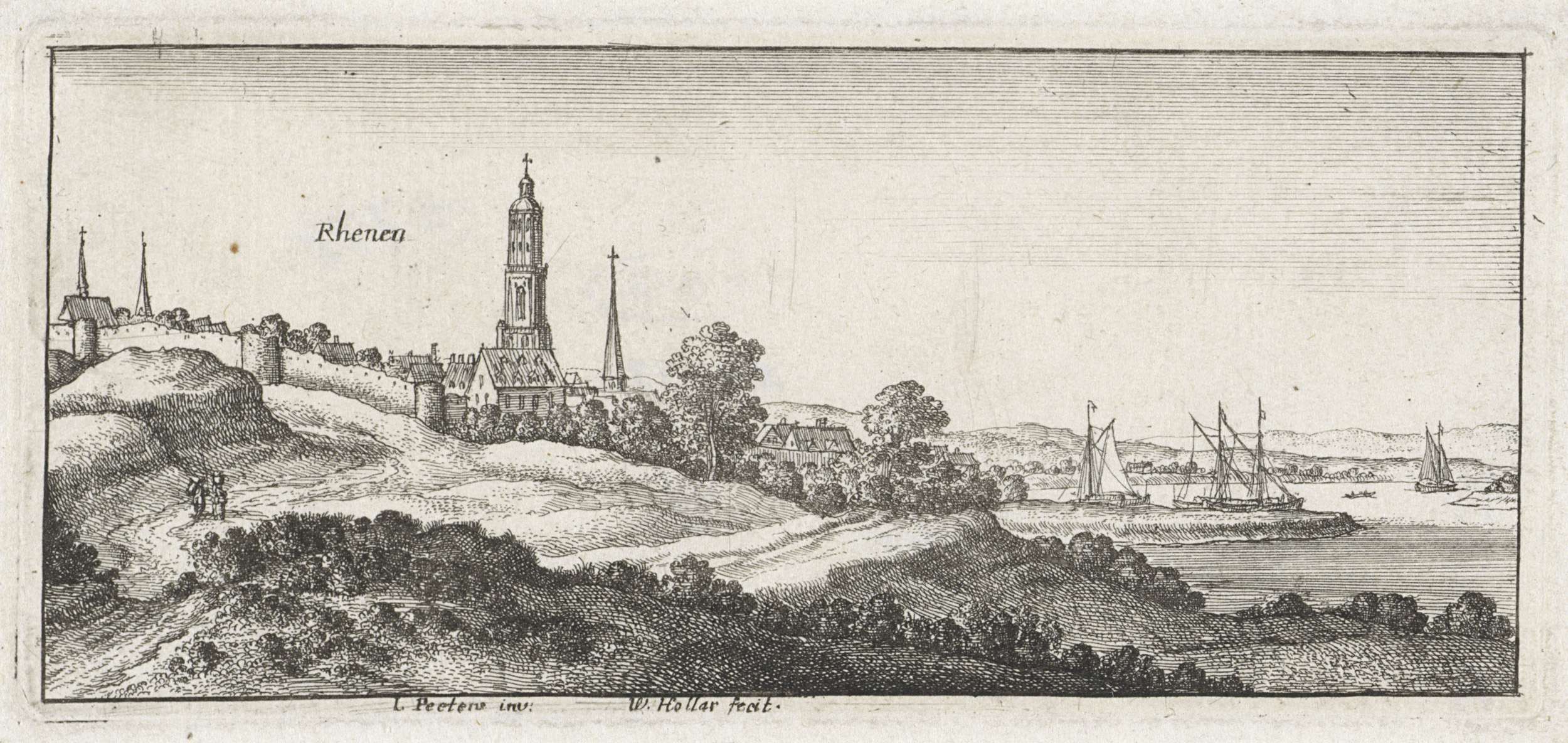 Etching by Wenceslaus Hollar depicting a river landscape with a village and sky.