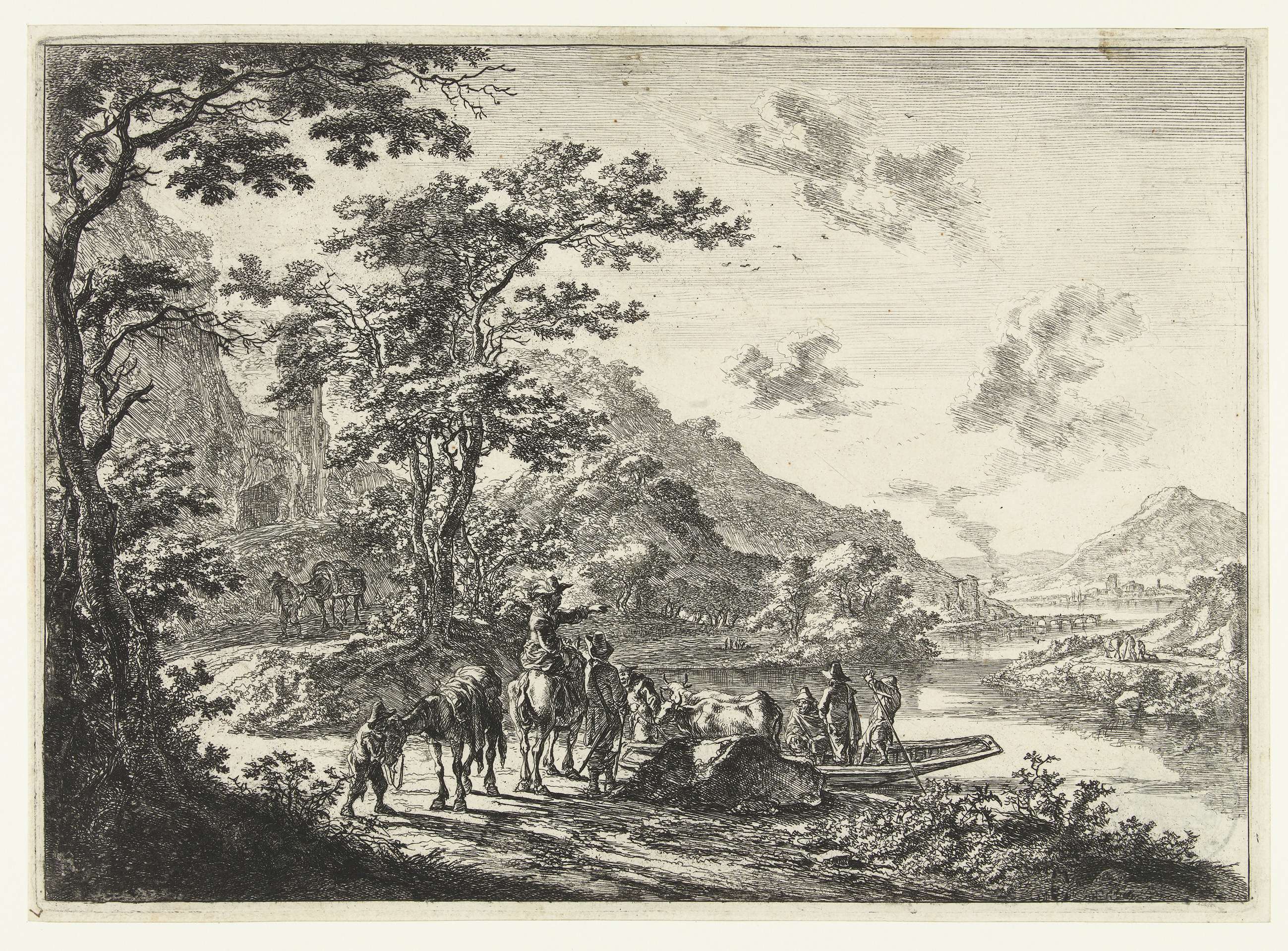 Landschap met veerpont en wachtende reizigers aan oever van de Tiber, by Jan Both, public domain