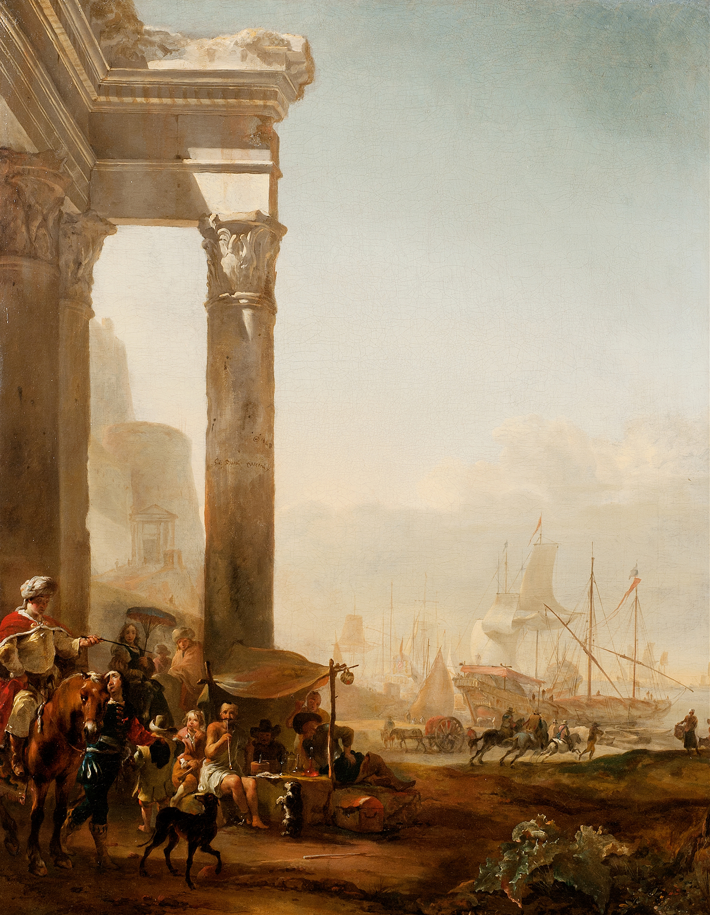 Harbour with Antique Ruins by Jan Weenix, oil painting depicting ancient ruins and water.