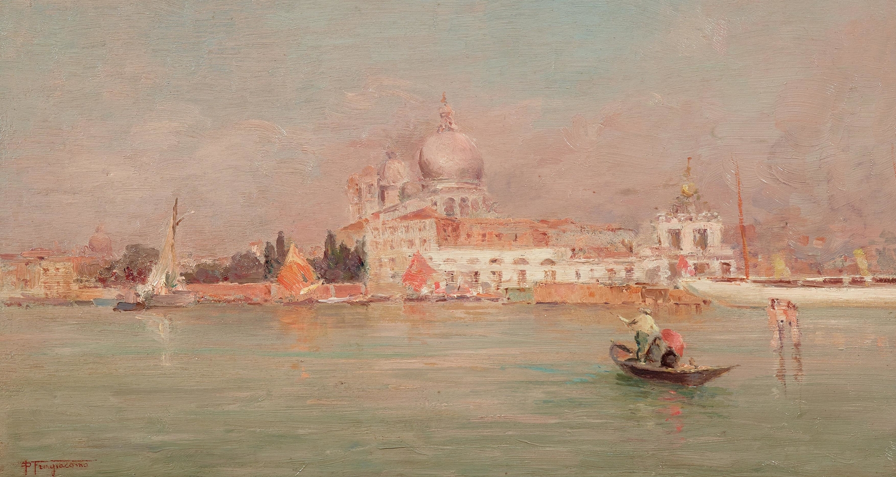 Venice, Santa Maria della Salute by Pietro Fragiacomo, oil painting depicting the dome and water reflections.