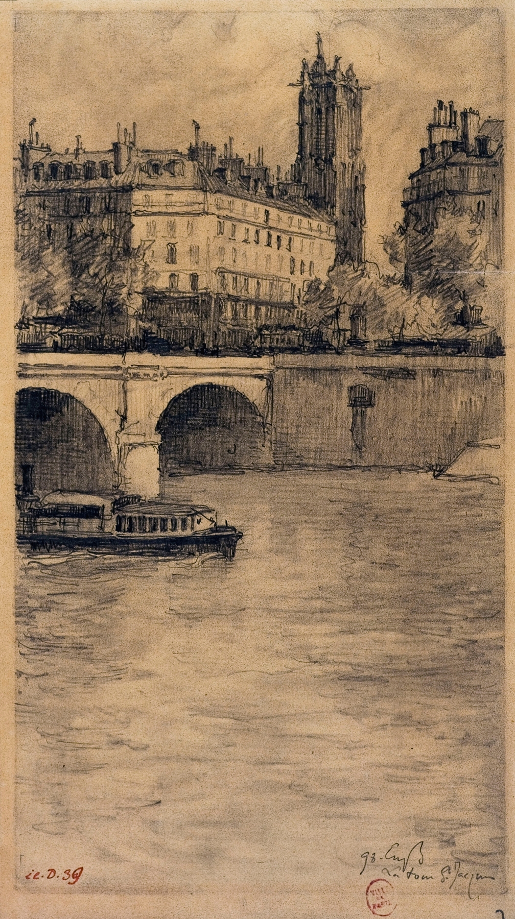 Le pont Notre-Dame et la Tour Saint-Jacques, oil on canvas by Eugène Béjot