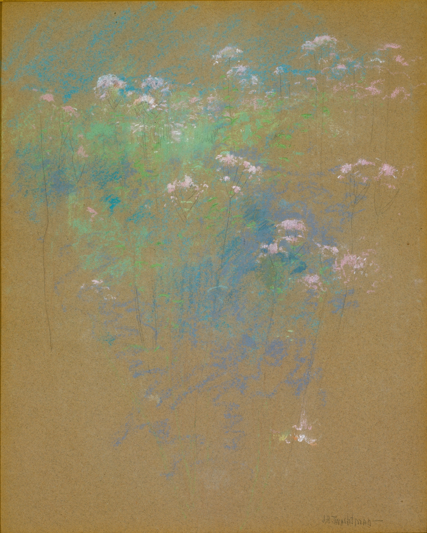 Flowers by John Henry Twachtman, oil painting featuring a vibrant bouquet.