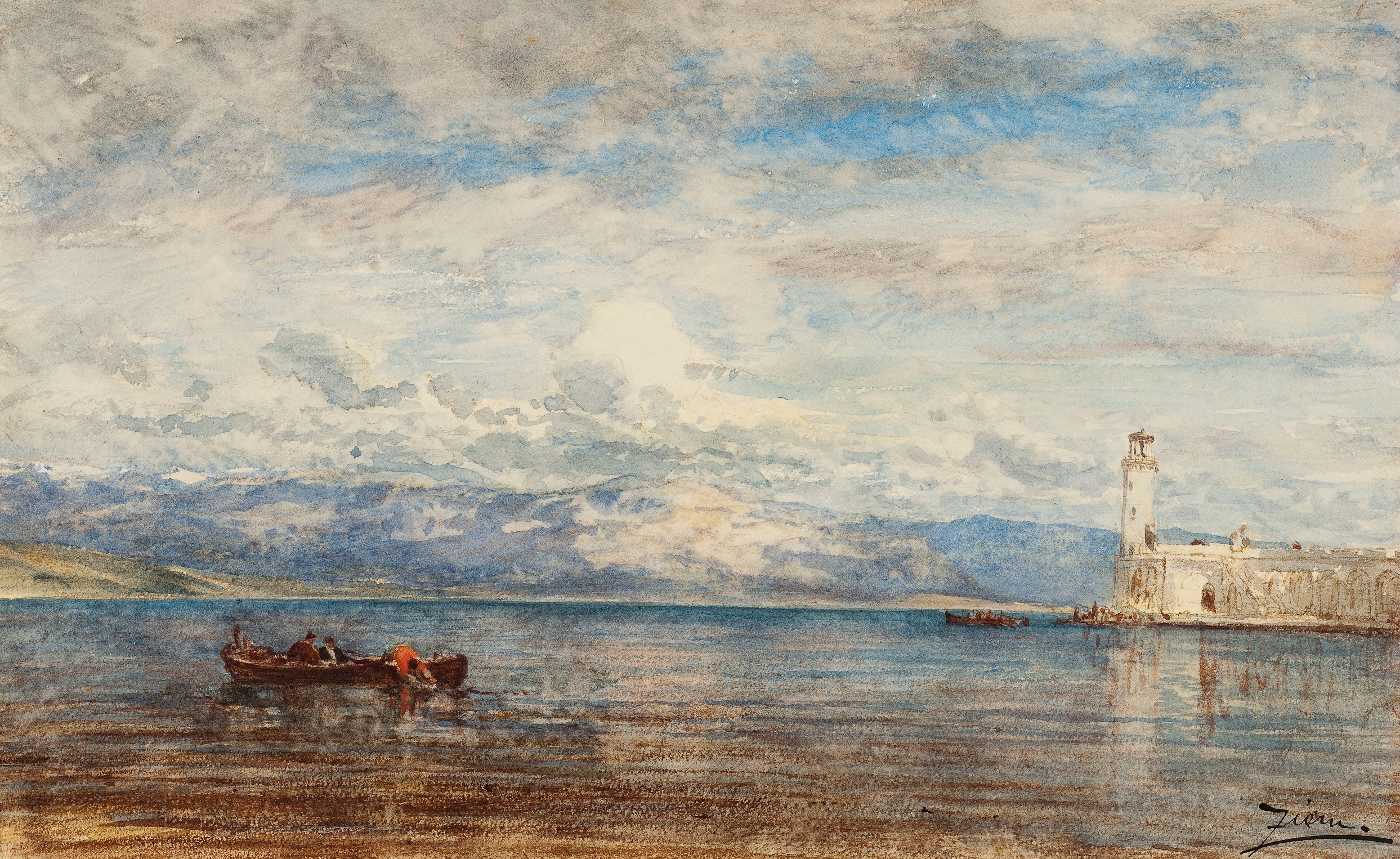 Marine scene with harbor, water, and sky in vivid colors by Félix Ziem, oil painting