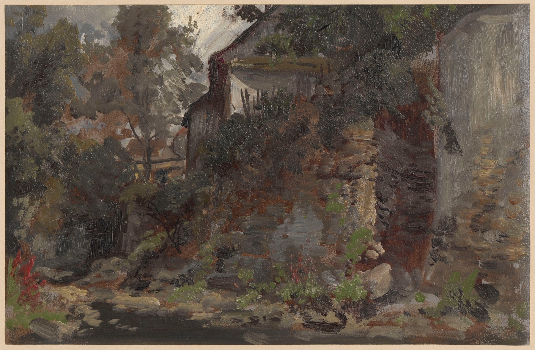 Oil painting by Adolf Dressler depicting buildings near the Jedlica river