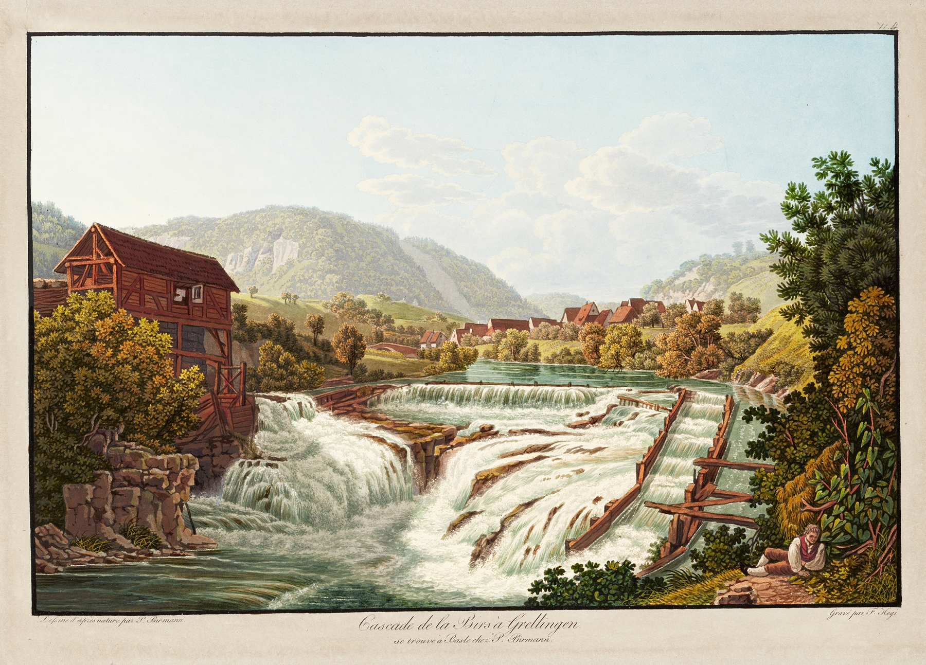 Cascade de la Birs à Grellingen by Peter Birmann, oil painting of a waterfall cascading down cliffs.