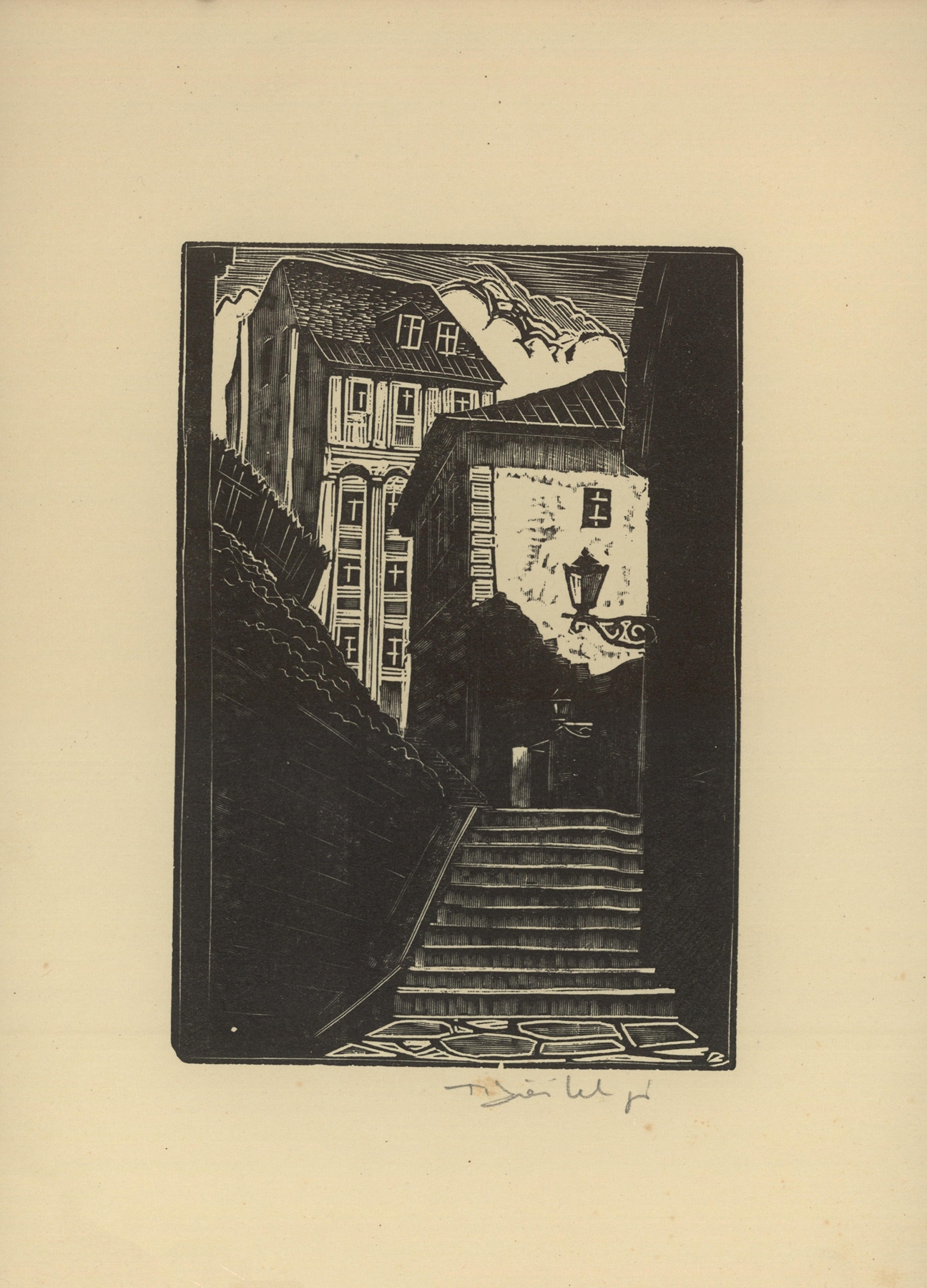 Interior scene with stone steps in darkness by Tadeusz Cieślewski, 1930