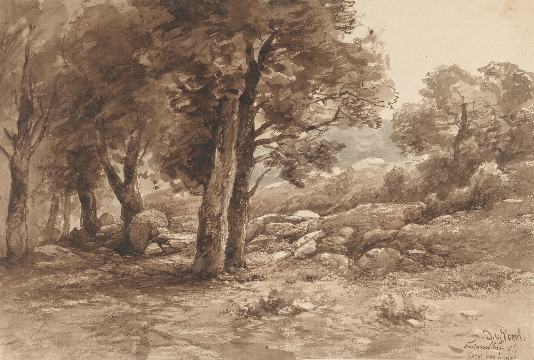 Lush landscape with trees and thick vegetation, oil on canvas by Johannes Gijsbert Vogel