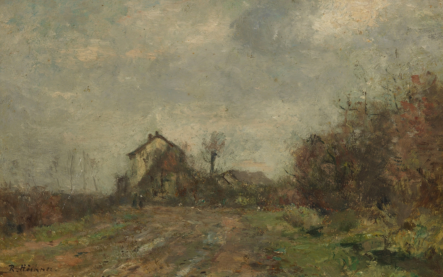 Häusergruppe in Landschaft by Rudolf Höckner, oil on canvas depicting clustered houses in a landscape.