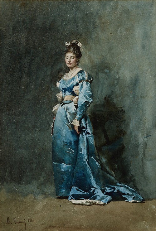 A young woman wearing a blue dress, seated against a neutral background.