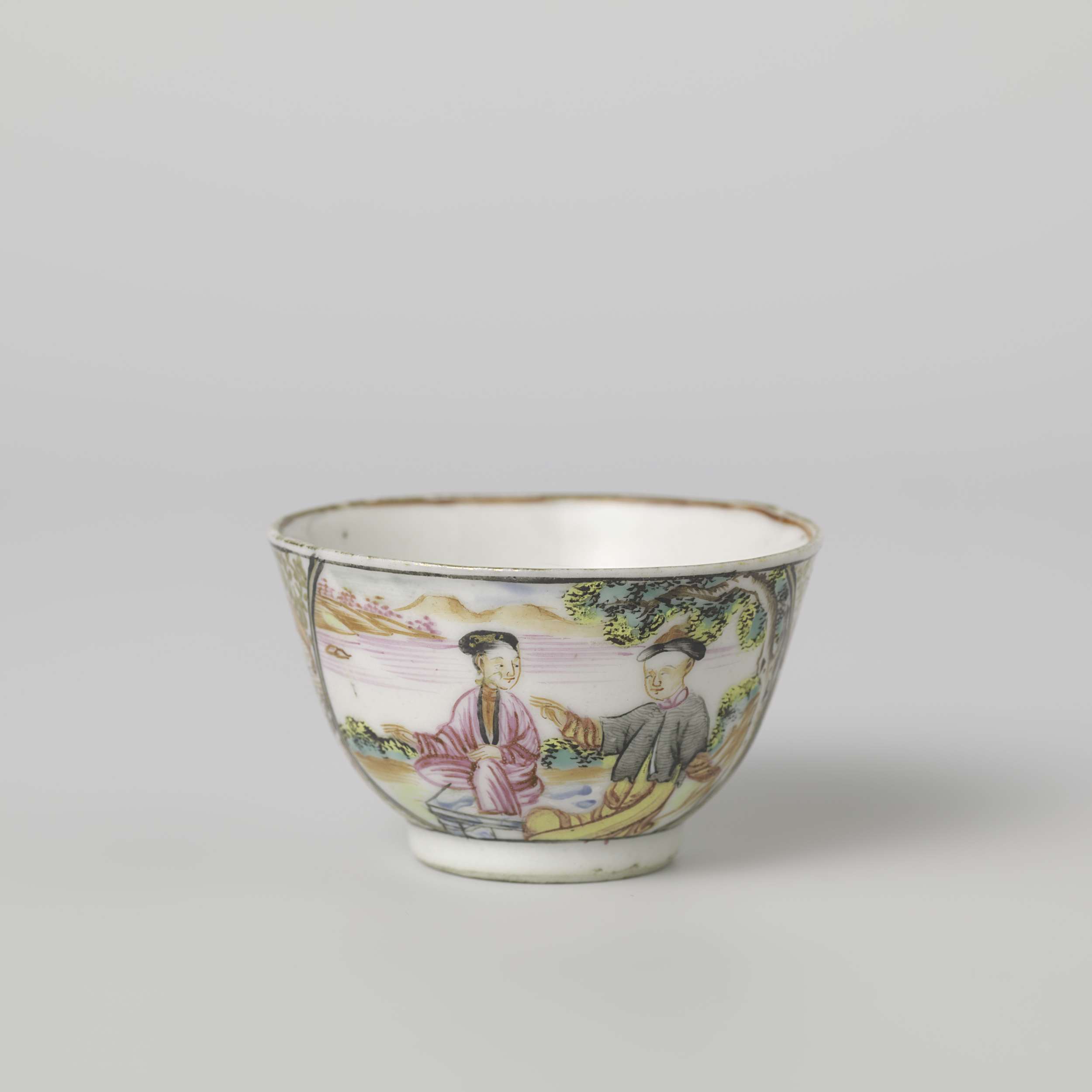 Ceramic bell-shaped cup featuring a couple in a landscape, unknown artist