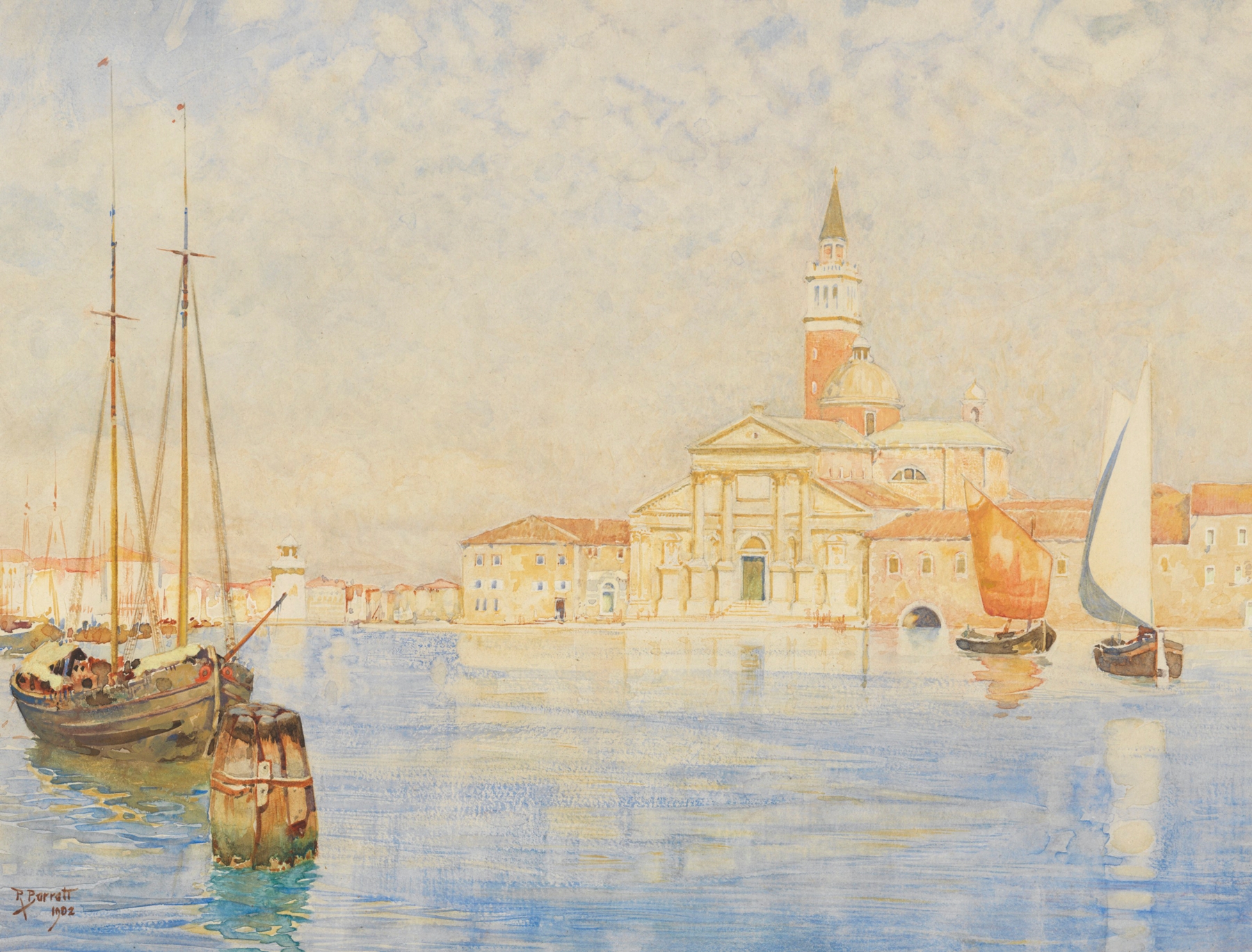 San Giorgio Maggiore, Venice by Reginald Barratt, oil on canvas depicting a church and water.