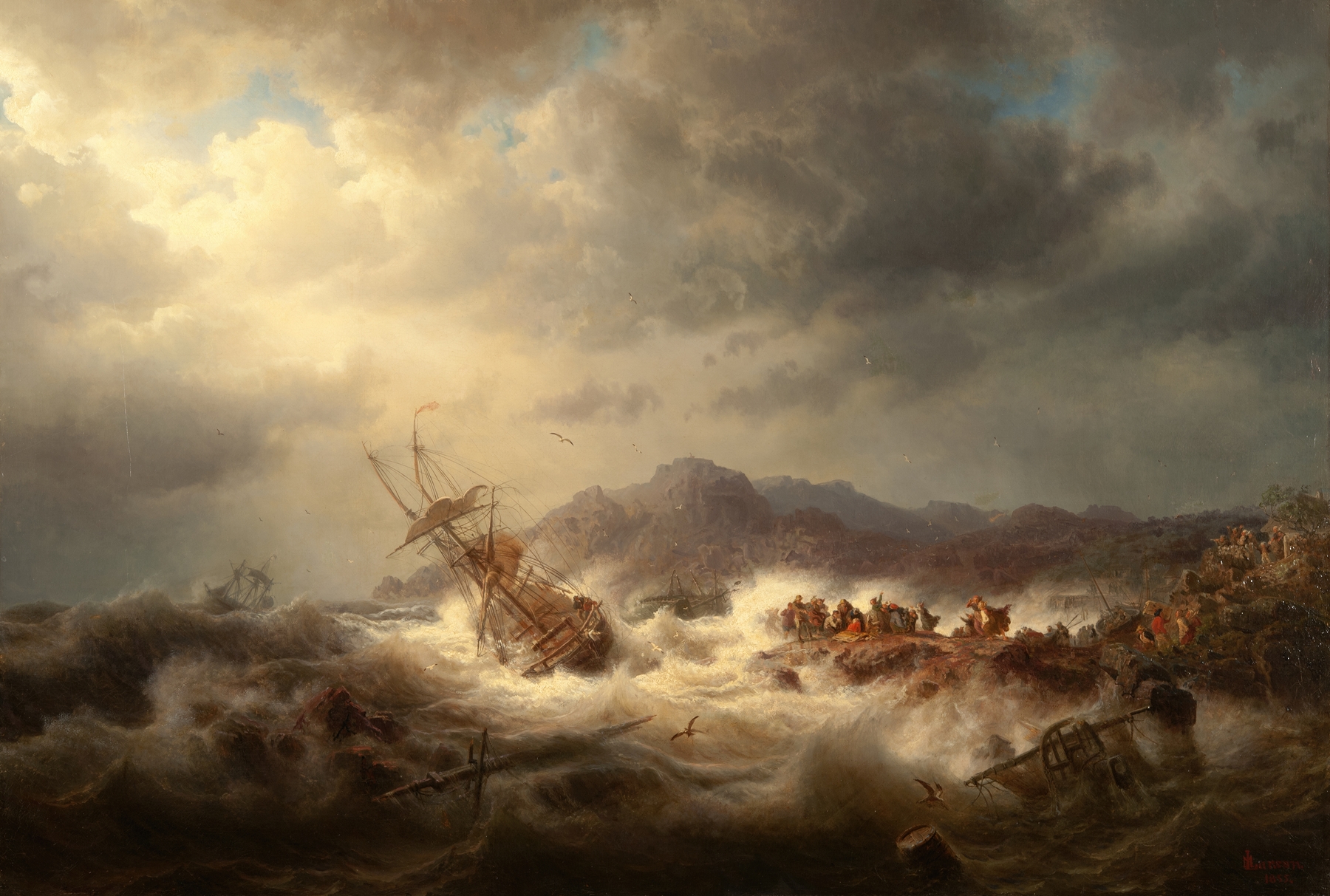 Oil on canvas by Marcus Larson depicting a shipwreck in the sea.