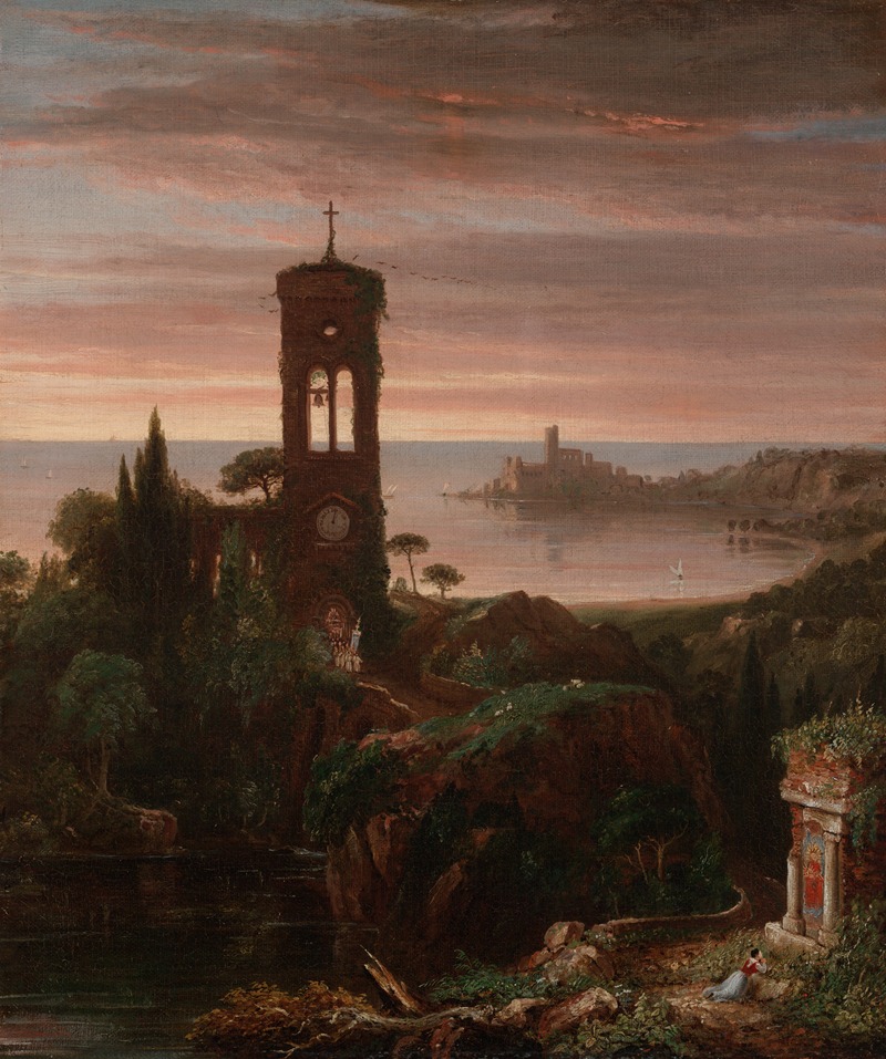 A serene landscape painting by Thomas Cole depicting a tranquil sunset.