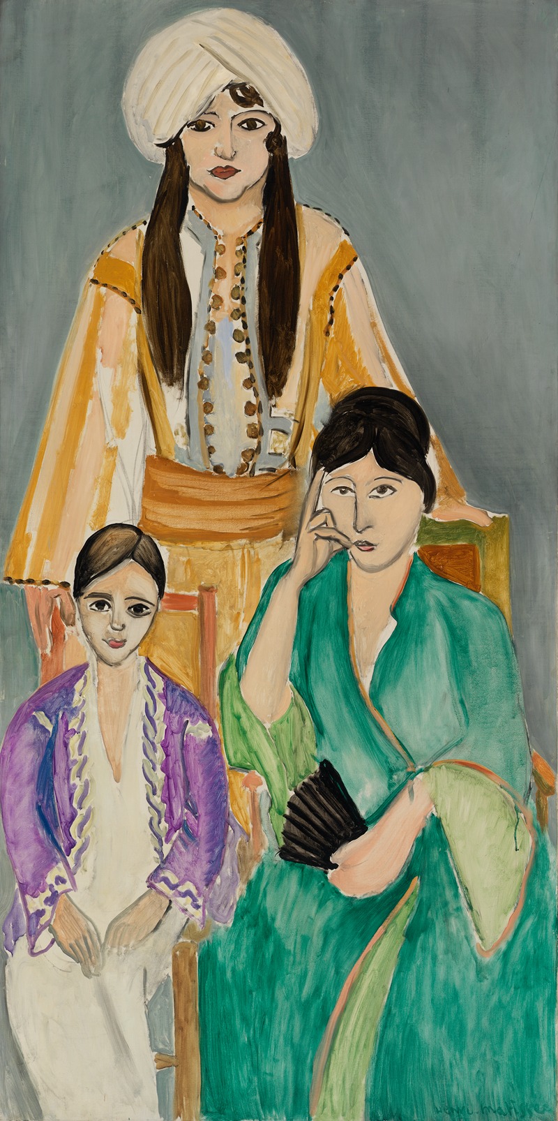 Henri Matisse's 'Three Sisters with Grey Background' features vibrant colors and bold forms.