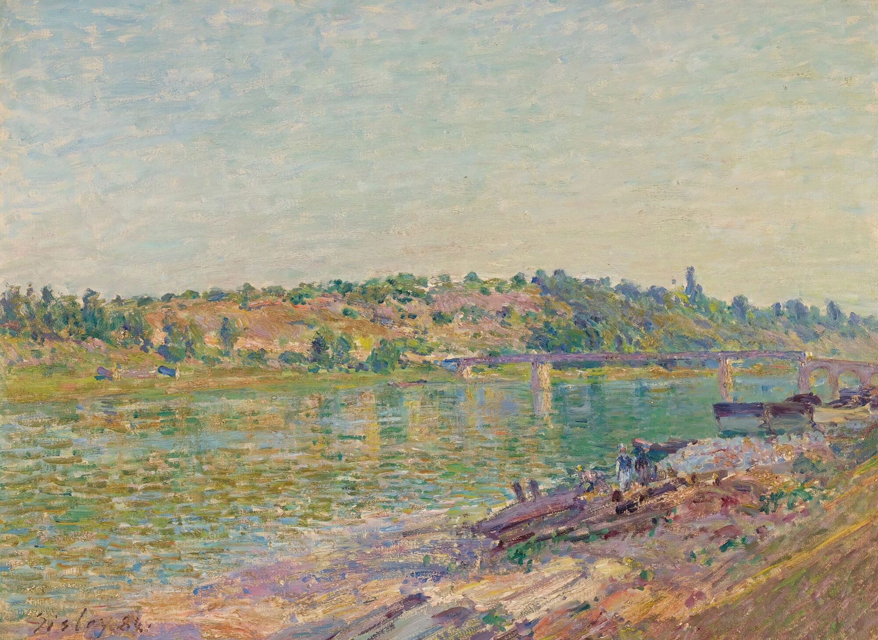 Landscape with hills and a river in Les Coteaux De La Celle-Sous-Moret, Vus De Saint-Mammès by Alfred Sisley, oil painting.