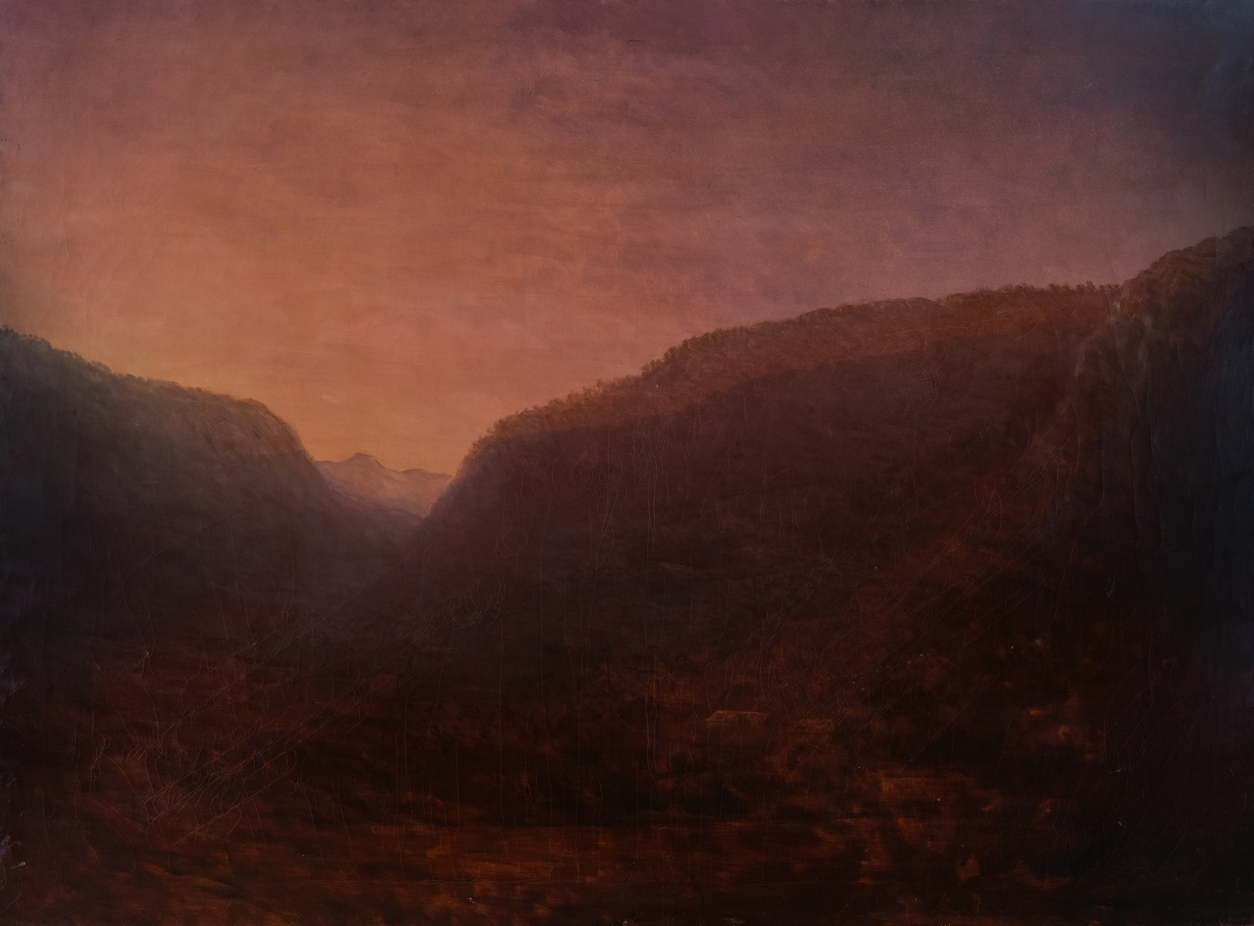 Landscape by Carl Johan Fahlcrantz, oil on canvas featuring a towering tree and twilight sky.