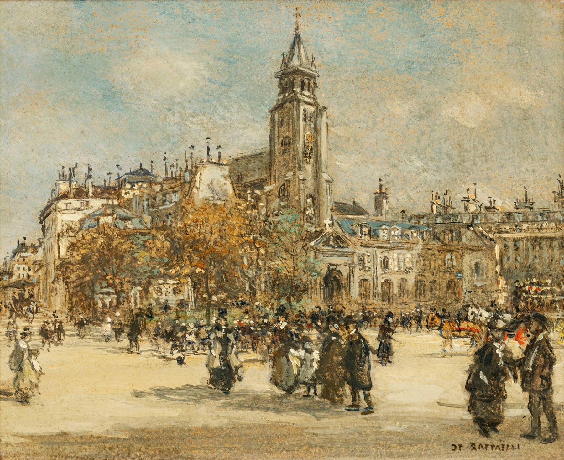 Urban landscape by Jean François Raffaëlli, oil painting depicting a café in Paris.