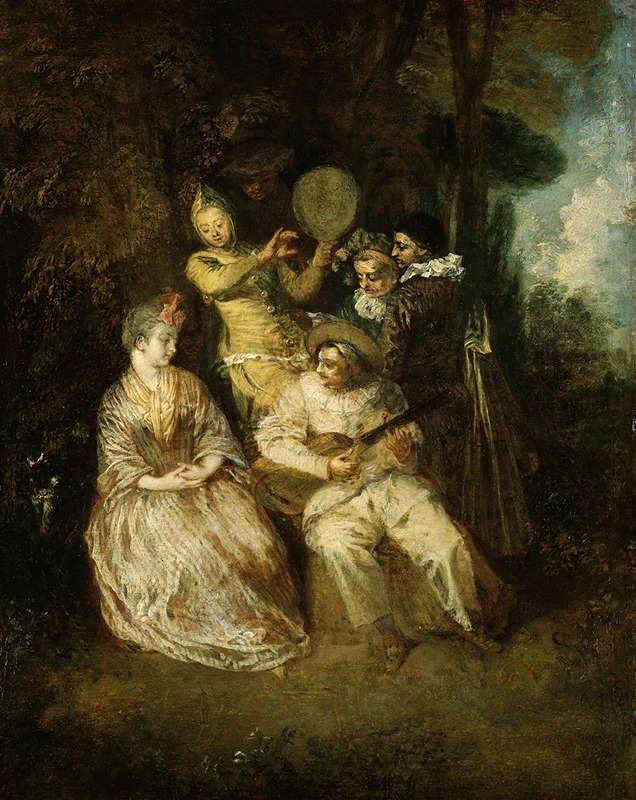 A serene depiction of a couple enjoying music in a lush setting.