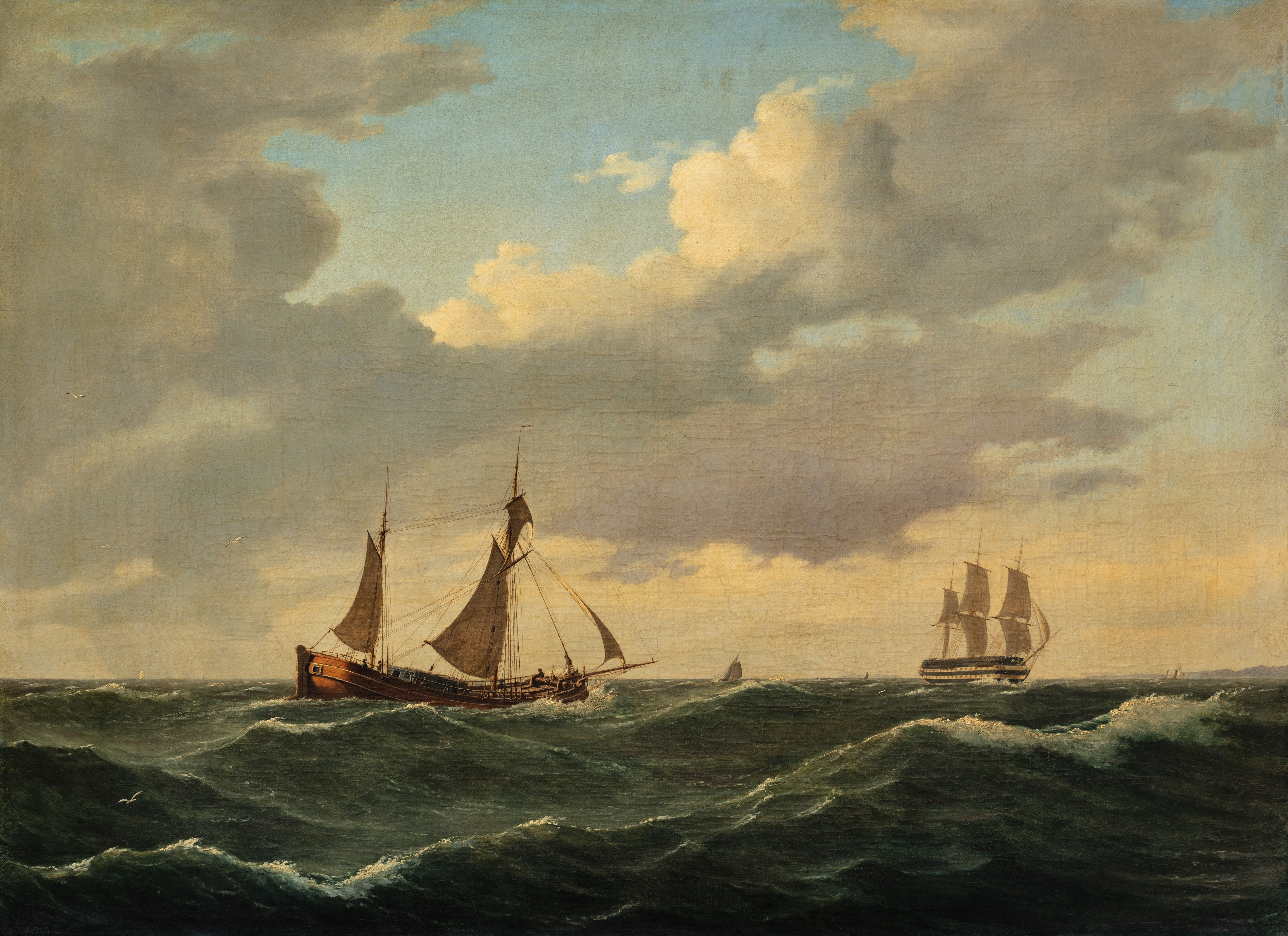 Dutch Koff And Ship Of The Line In A Moderate Breeze, by Anton Melbye, public domain