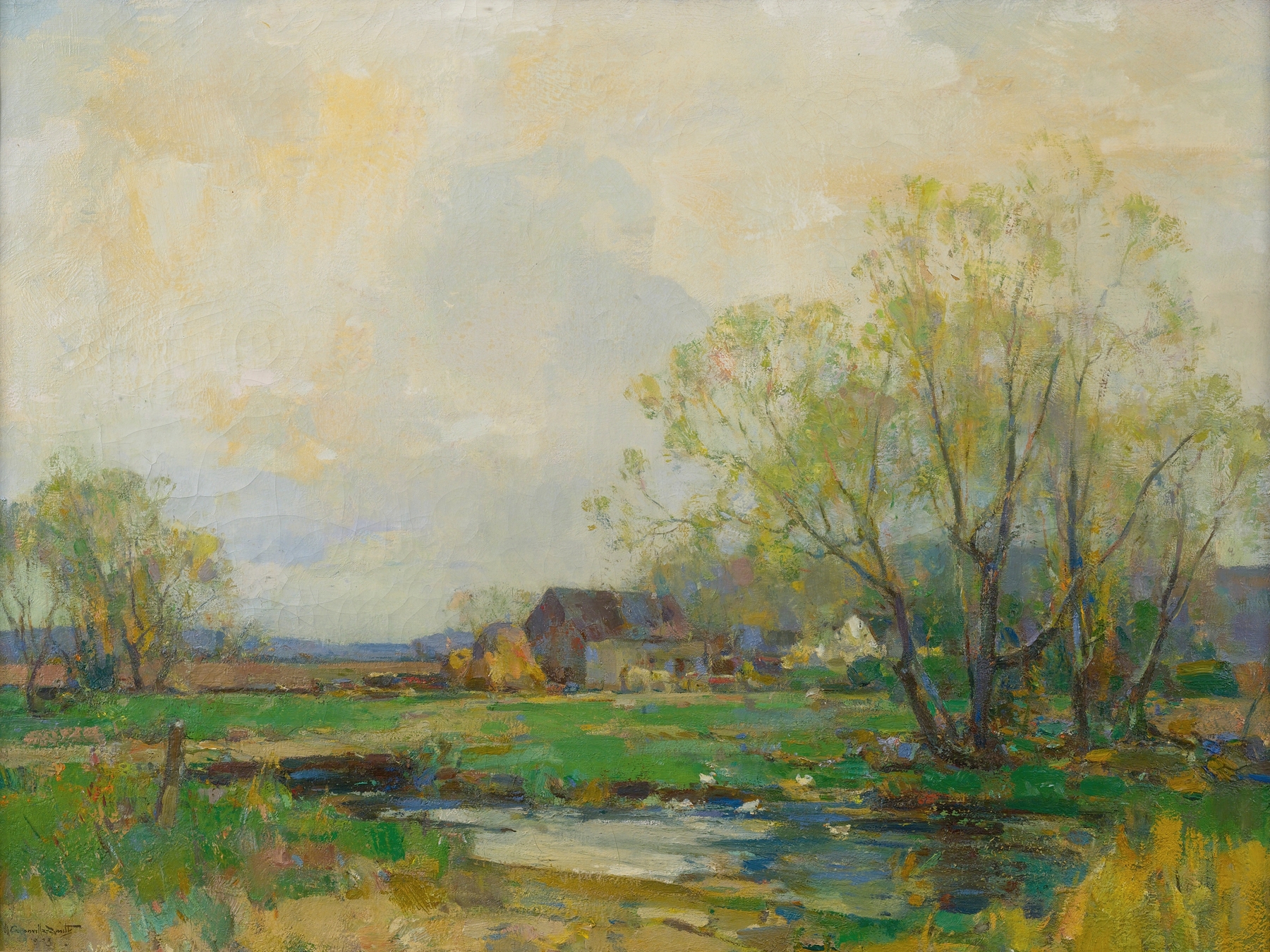 Spring Time by Walter Granville-Smith, oil on canvas depicting a landscape with flowers and soft light.