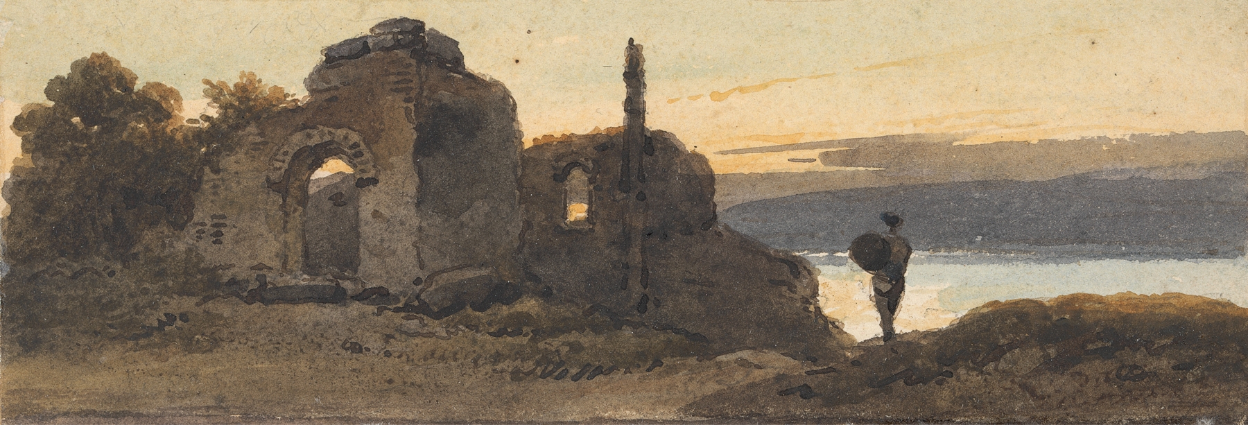 Temple by the Lake, oil on canvas by George Chinnery, featuring a tranquil lake and temple reflections.